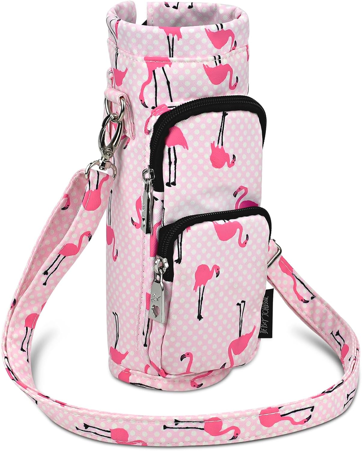 Betsey Johnson Insulated Water Bottle Pouch Holder Carrier Crossbag with Adjustable Shoulder Strap - Lightweight Polyester Accessories with Two Outside Pockets Good (Flamingo Strut)