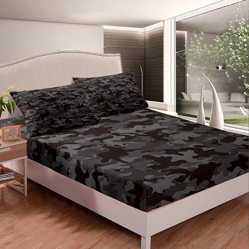 Miniatura 2 de Juego de ropa de cama de camuflaje militar, sábanas de camuflaje negro para niños, adolescentes, adultos, hombres, sábana bajera de camuflaje