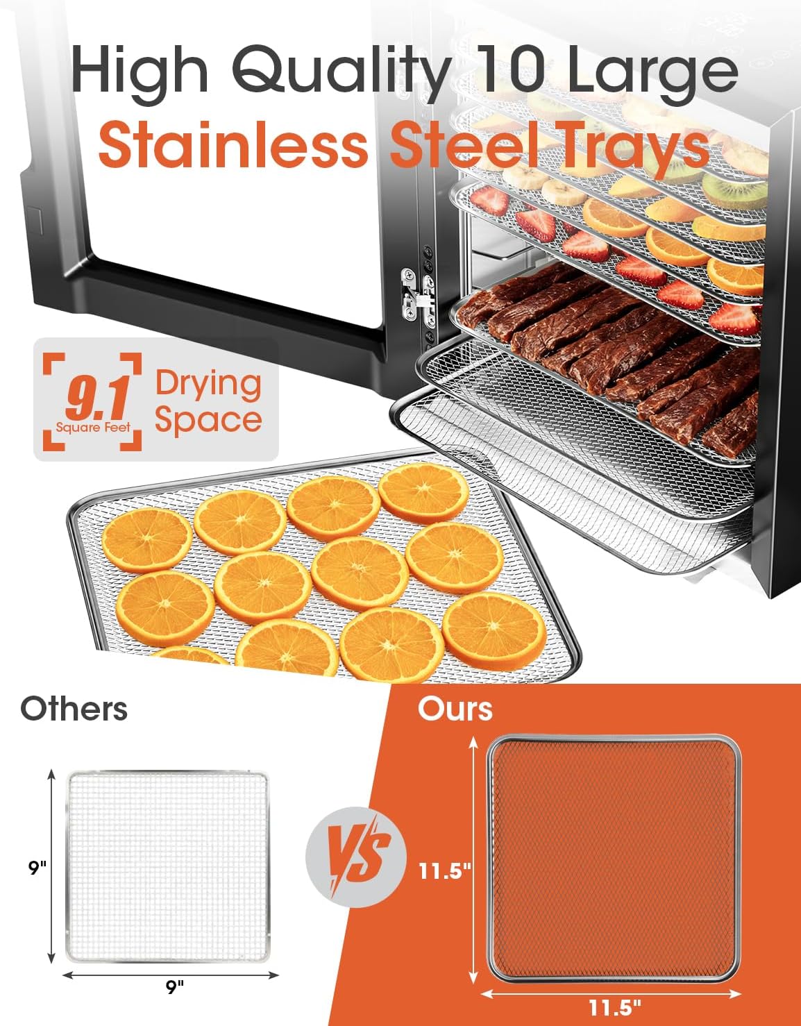 Manastin Food Dehydrator Machine, With Large 10 Stainless Steel Trays, 850W Dryer for Meat Jerky, Fruit Vegetable, 95-167℉ Temperature Control, 48H Timer,10 Presets, Overheating Protection