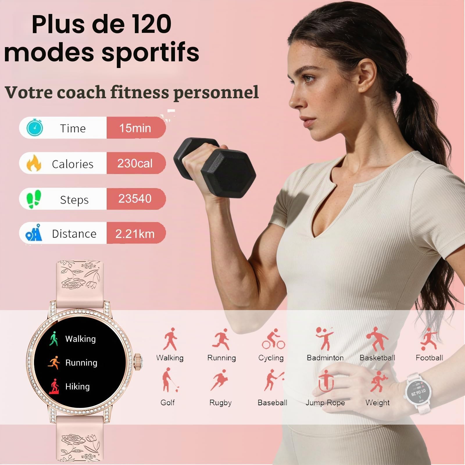 Montre Connectée Femme avec Diamant,3 Bracelets,1,27" HD appels Bluetooth Smartwatch,Fréquence Cardiaqu/Sommeil/SpO2/Féminine/Calories,IP68,120+ Sportif Podomètre Tracker pour Android/iOS,Or rose