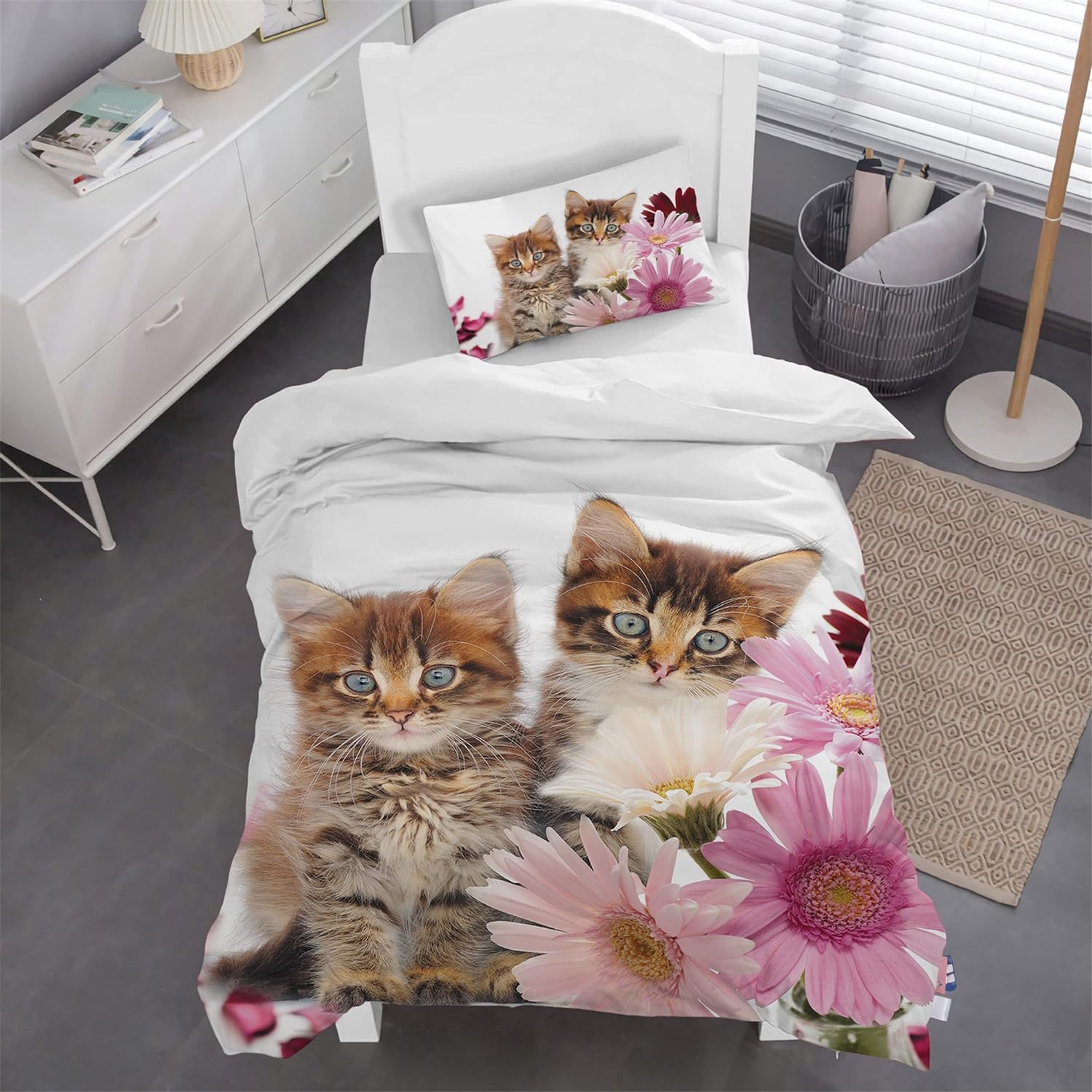 MUSOLEI Cat Single Bed Duvet Cover Set, 3D Printed Two Lovely Kitty with Pink Flowers Pattern Cute Bedding Set - Image 2