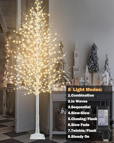 Miniatura 4 de TORONTOKYO Árbol de abedul iluminado de 8 pies, 1440 luces LED blancas cálidas, 8 modos de iluminación, árbol de Navidad artificial blanco con