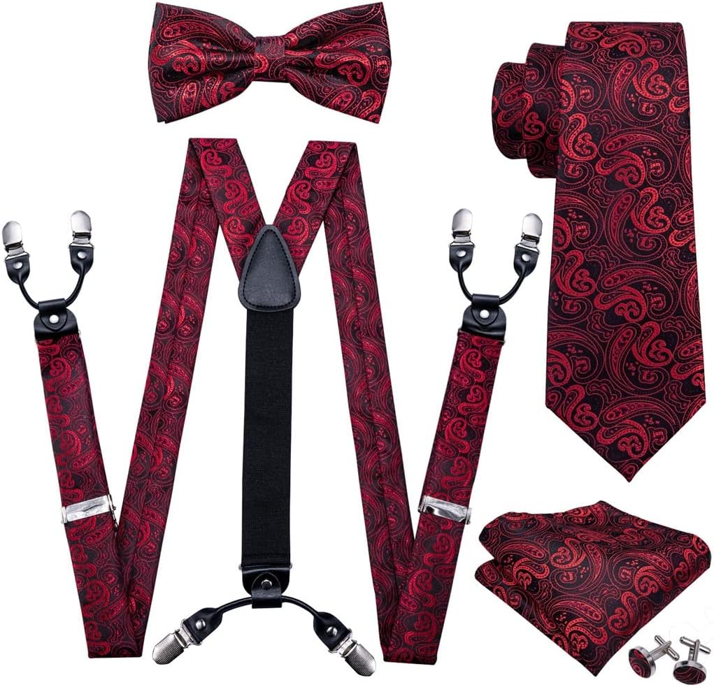 Pre-Bow Tie Red Paisley Silk Ties for Men Suspenders Handkerchief Cufflink Set Wedding Gift