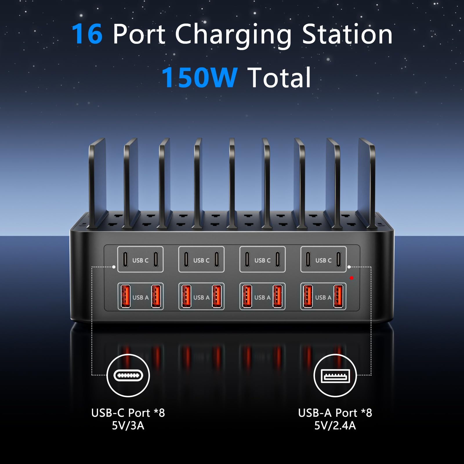 Estación de Carga USB de 16 Puertos, Cargador de 150W, Adaptador de Corriente, con Separador Ajustable y extraíble, concentrador de alimentación USBC, Compatible con iPhone16/Galaxy S25/Google/table