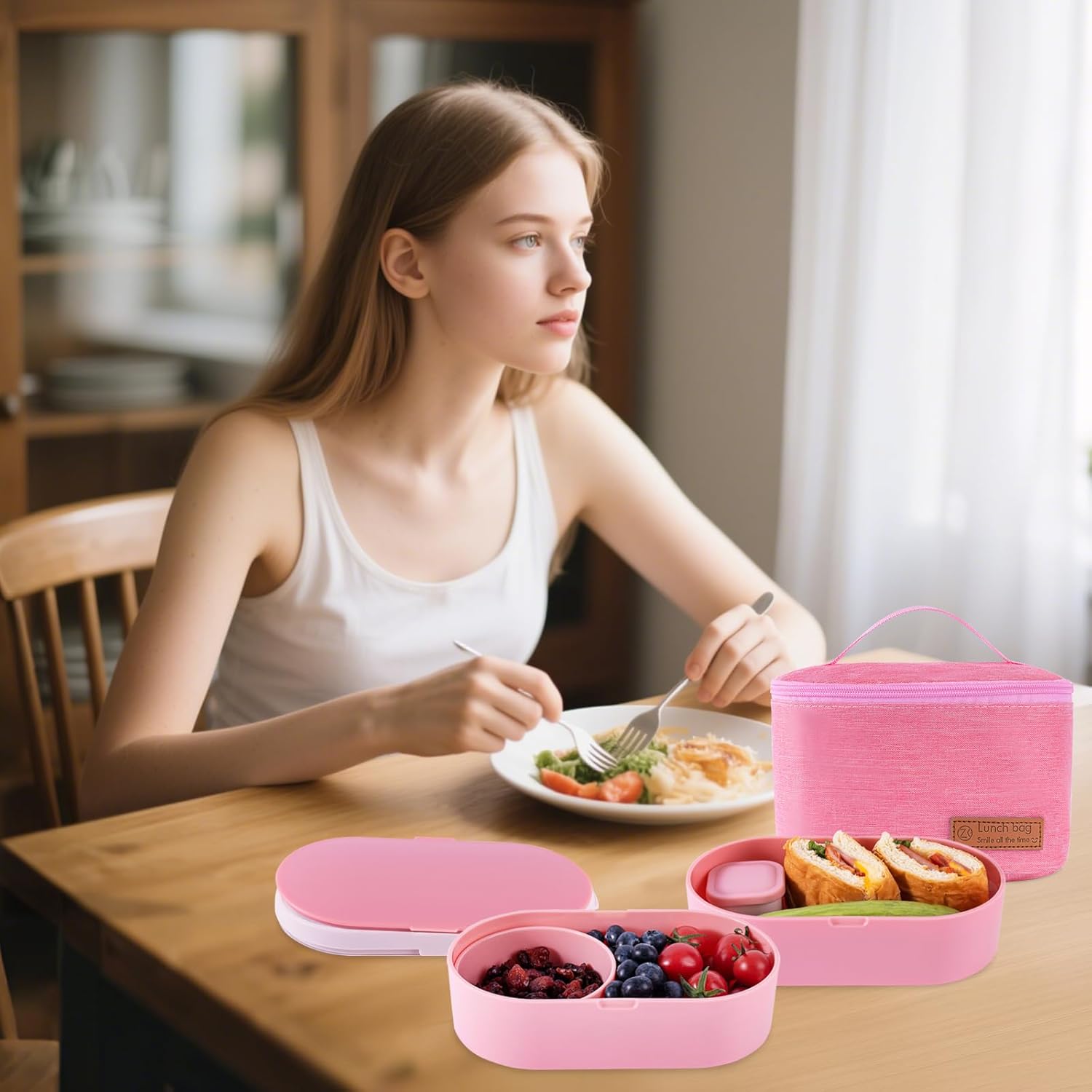 Bento Lunch Box Set -2 Stackable Adult And Women's Lunch Boxes - Including Lunch Bag, Leak Proof And Bisphenol Free A - Built-In Cutlery Set - Dishwasher Safe (Pink) - Image 6
