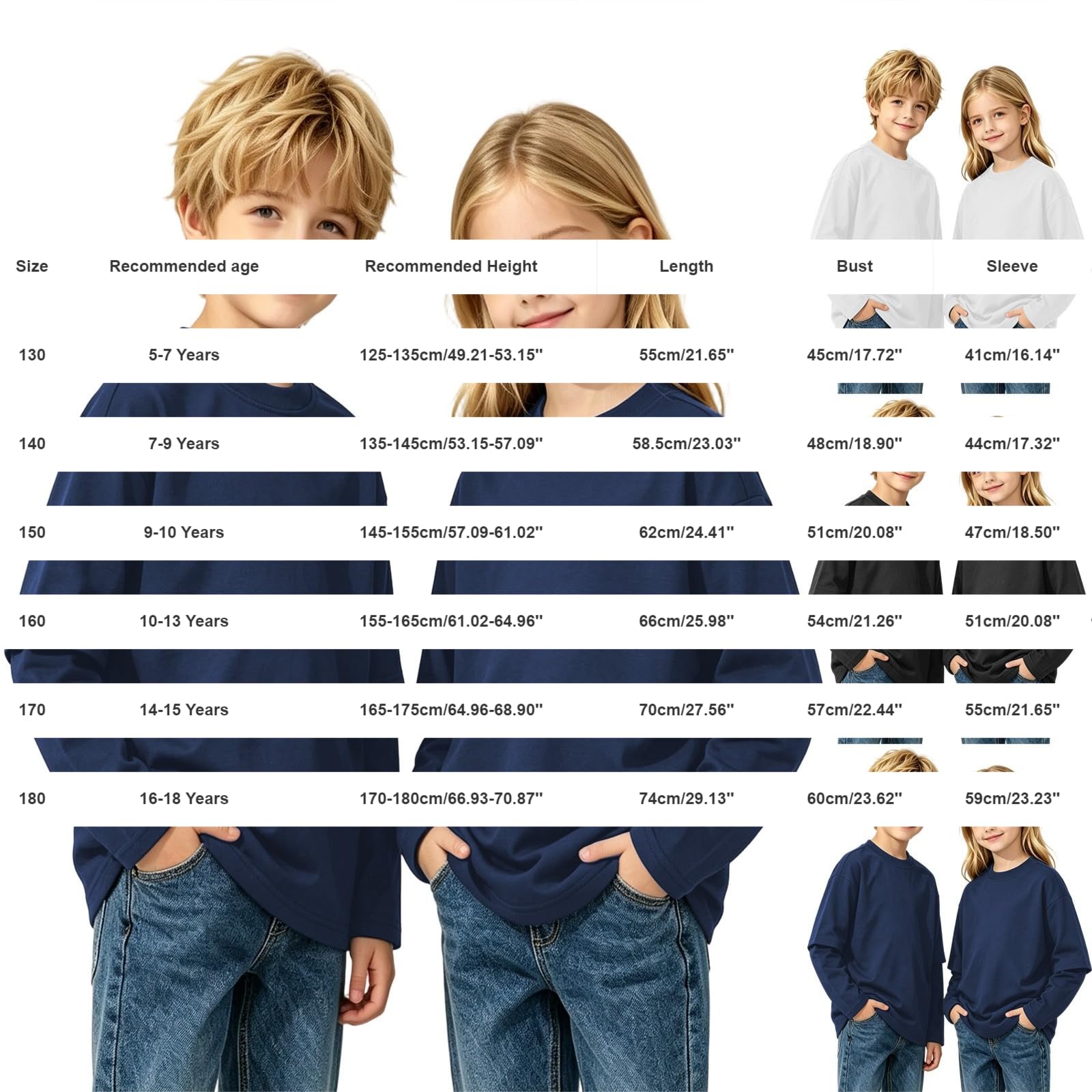 Maglietta a maniche lunghe unisex per bambini, tinta unita | T-shirt in cotone morbido e confortevole per ragazzi e ragazze casual girocollo traspirante magliette sportive autunno top