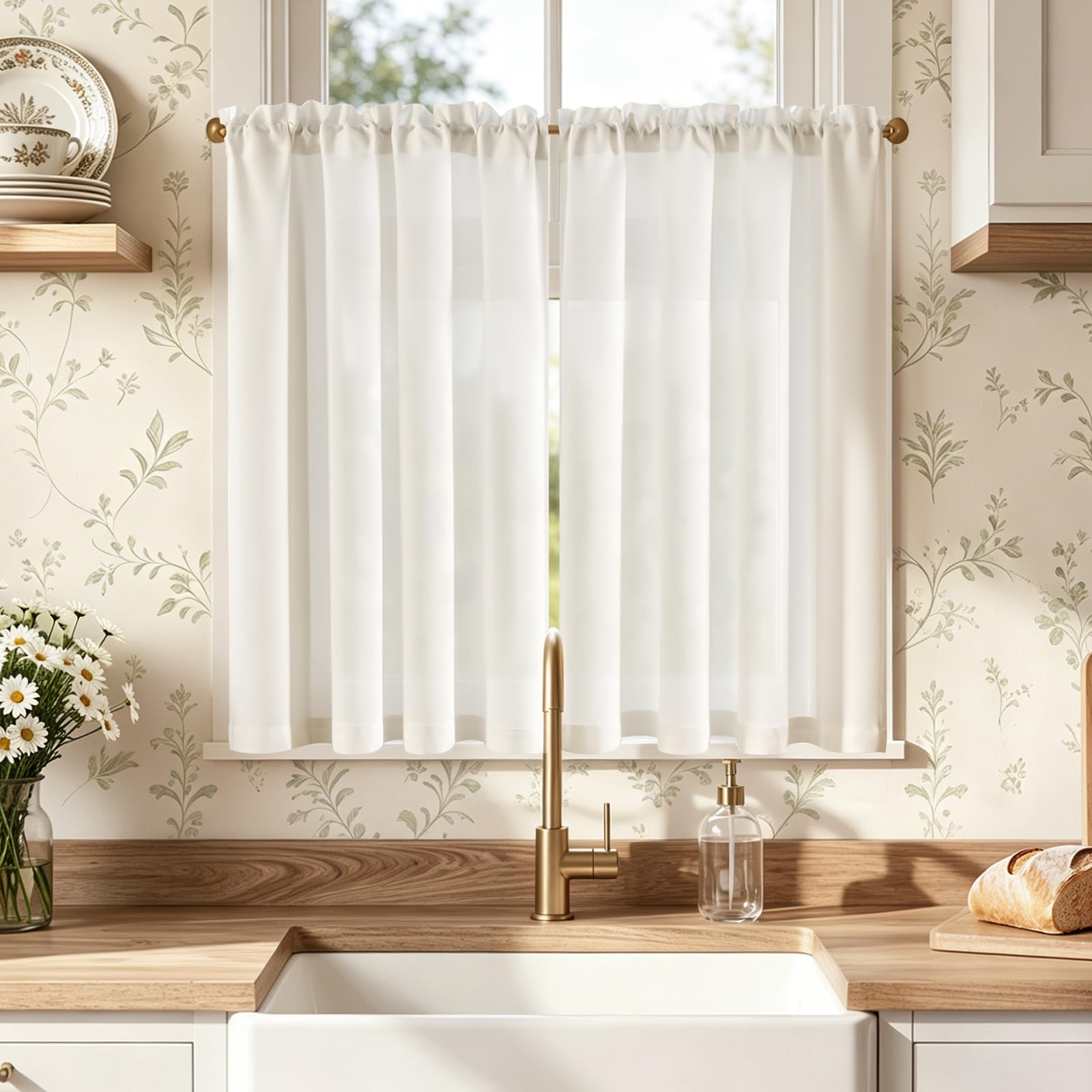 TOPICK Linen Small Window White Kitchen Curtains W36 x L36 Inch, Light Filtering Cafe Curtains, Rod Pocket Curtain Tiers for Bathroom, Sink, Cupboard, Bedroom, 2 Panels — image 1