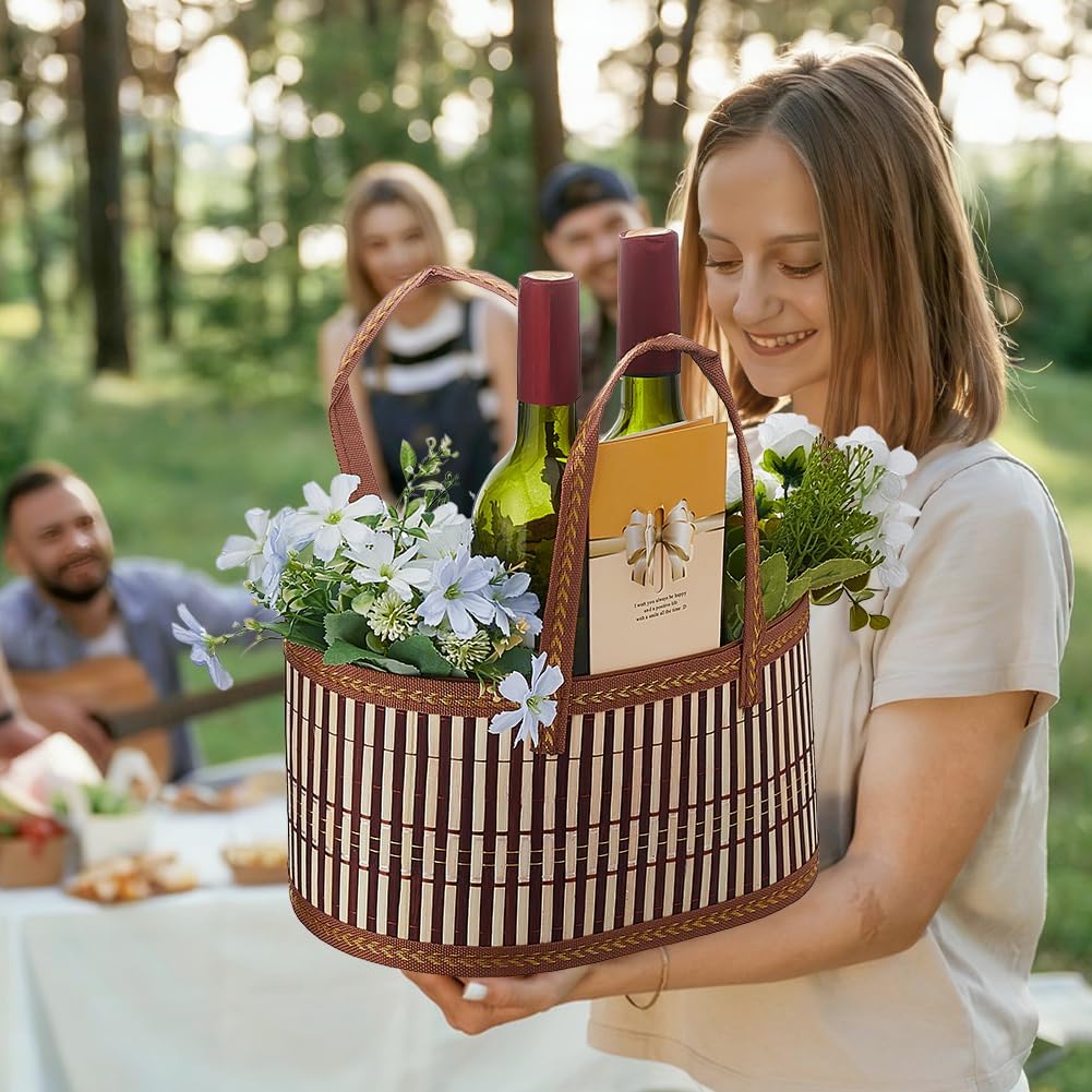 DICOSMETIC 6Sets Large Bamboo Gift Basket Valentine's Day Baskets for Gifts Empty Foldable Woven Gift Basket with Handle for Birthday Housewarming Mother's Day