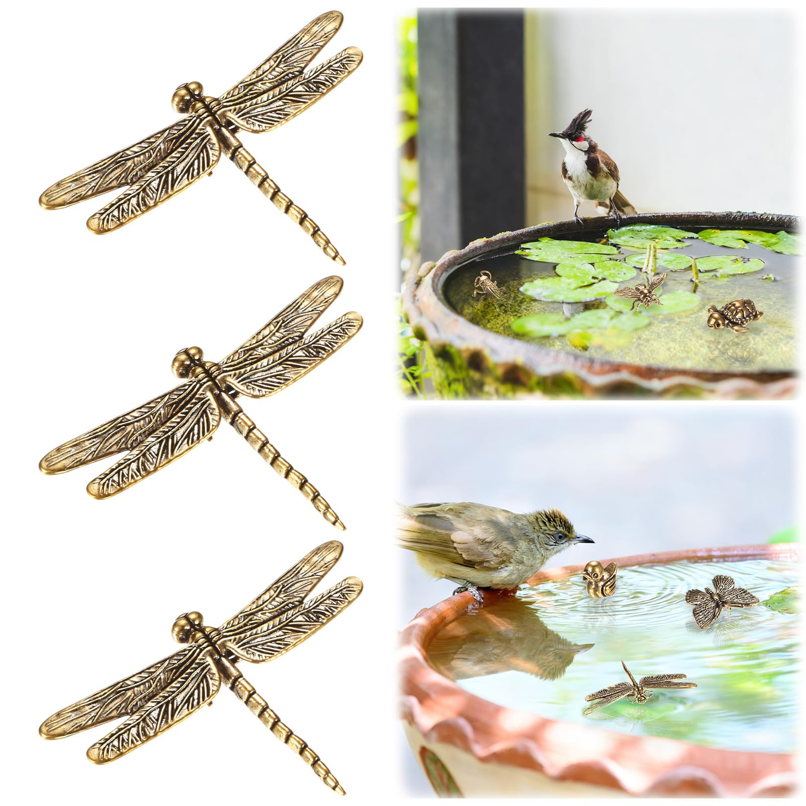 M METERXITY 3-Pack Bird Bath Copper Disk, Mini Bird Bath Copper Ornaments for Outdoor Birdbaths/Bowl Decor [Dragonfly]