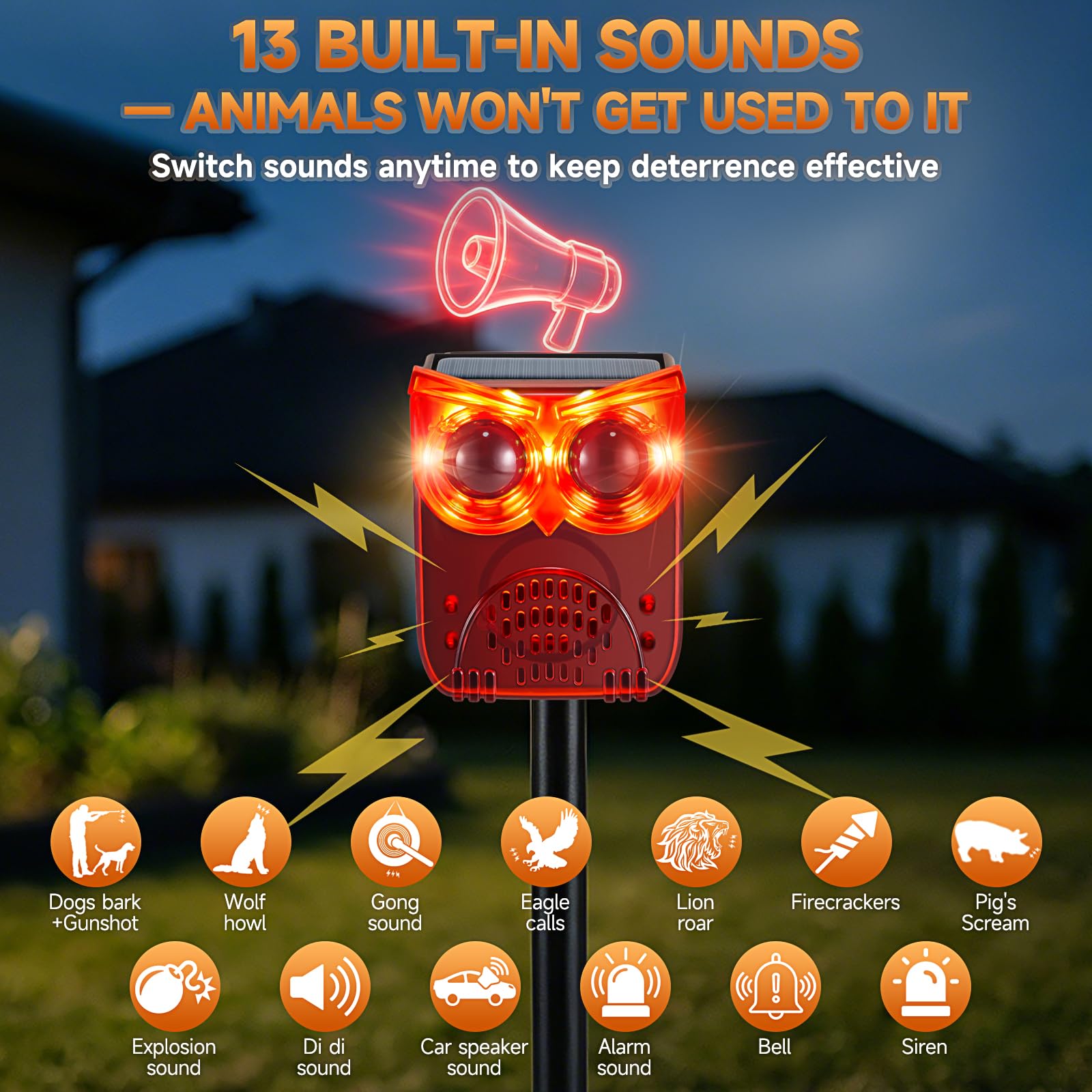 Alarme solaire d'extérieur avec détecteur de mouvement 130 dB - 130 dB - 13 sons de boucle pour éviter l'habitude - 4 modes de travail - Alarme résistante aux intempéries IP55 pour la maison, la villa