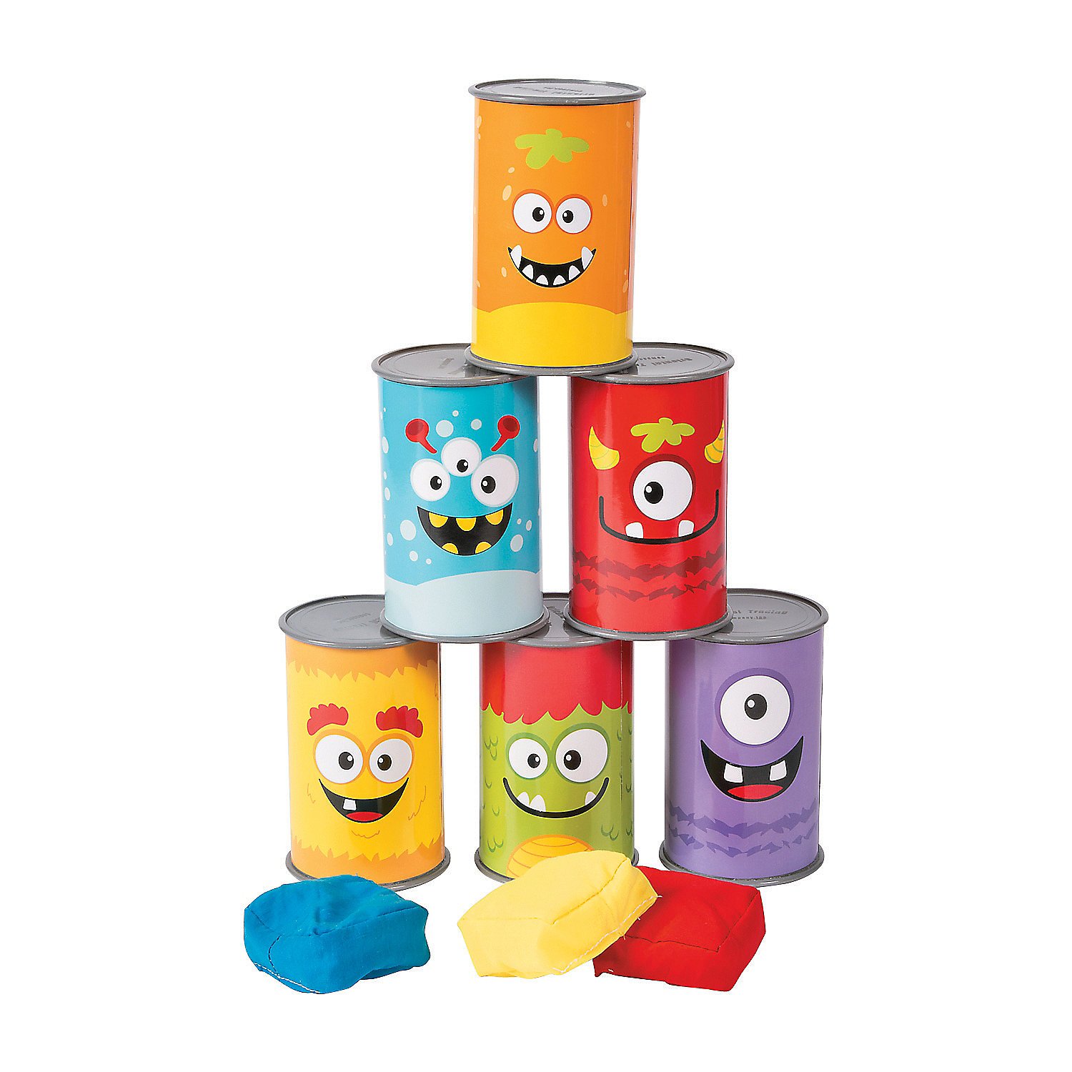 Monster Can Toss Game - includes plastic cans and bean bags - carnival circus party games and Halloween activity for kids