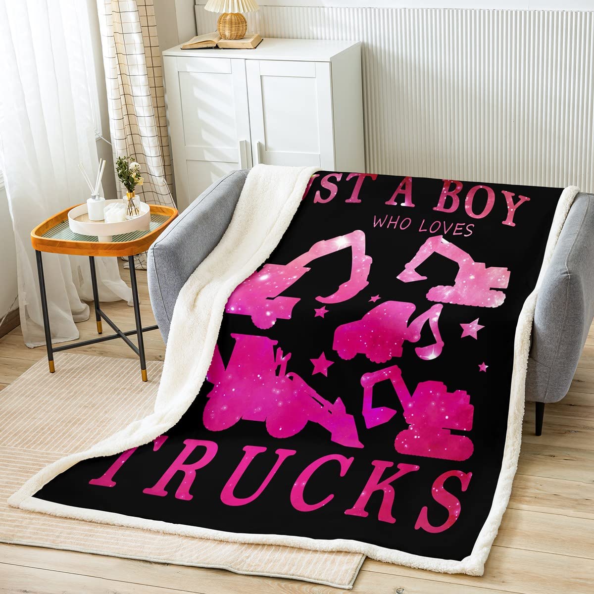 Loussiesd Excavator Plush Blanket Cartoon Construction Sherpa Blanket for Kids Boys Truck Illustration Fleece Throw Blanket Vehicles Fuzzy Blanket for Bed Sofa Bed Purple,Single 50x60 Inch