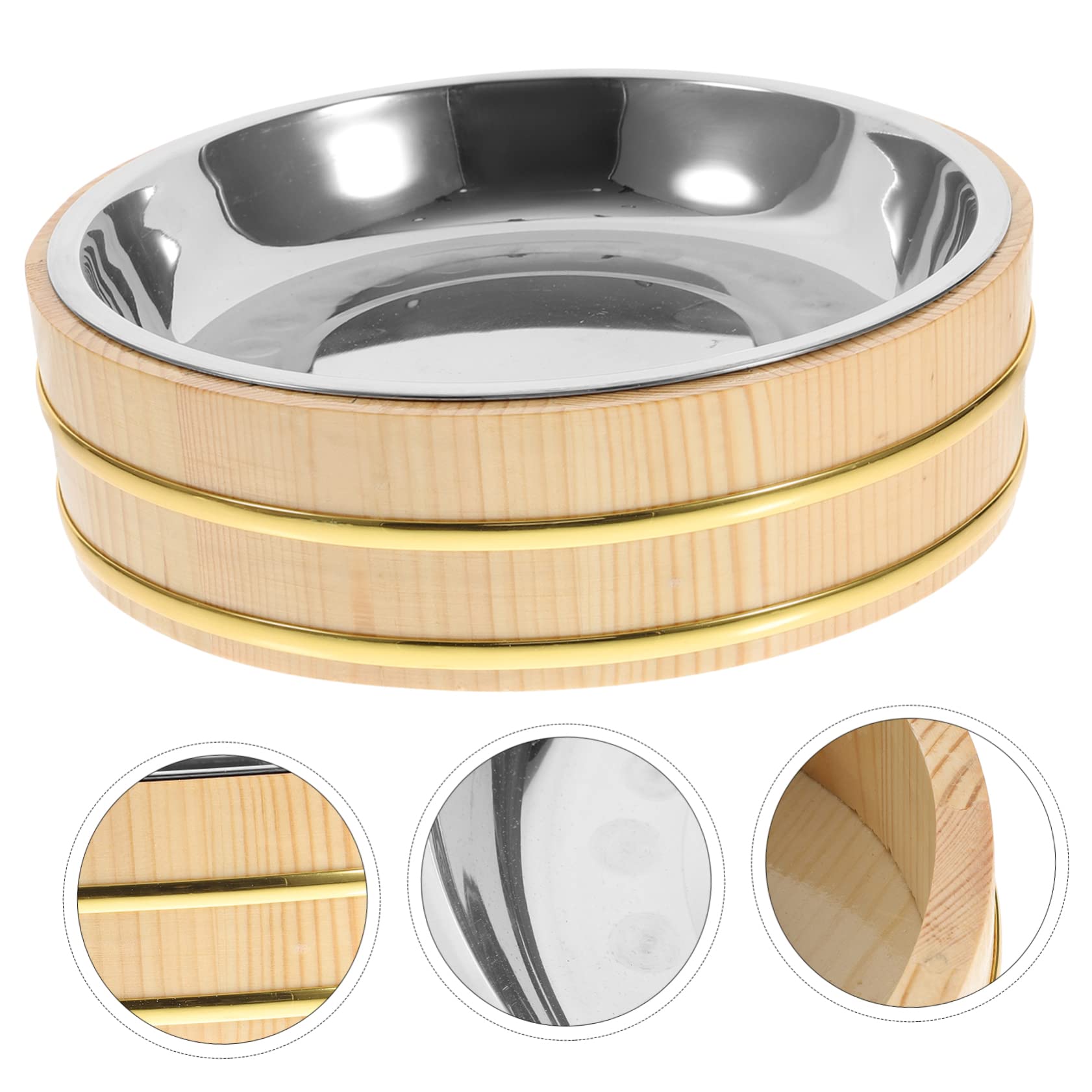 Cubeta de Arroz para Sushi y Bibimbap 25 Cm, Madera Natural Pulida Acero Inoxidable, Absorbe Humedad para Enfriar Arroz, Vajilla Casera para Servir Cangrejos de Río y Refrigerios