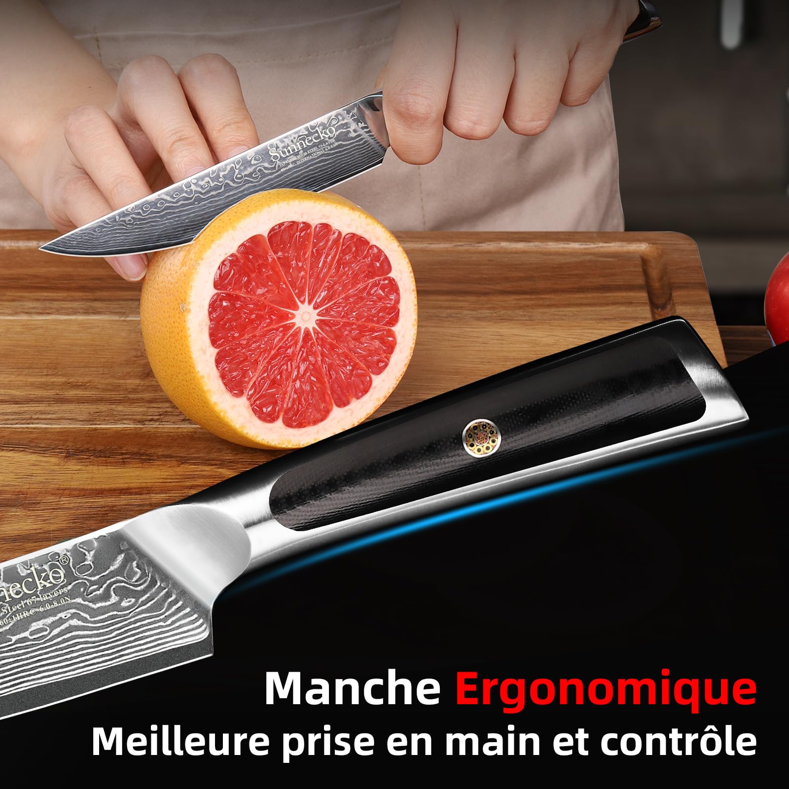 Sunnecko Couteau Viande 13 cm en Acier Damas 73 Couches, Couteau Cuisine Japonais Style Professionnel Universel avec Poignée G10, pour Steak Dîner Crêpe