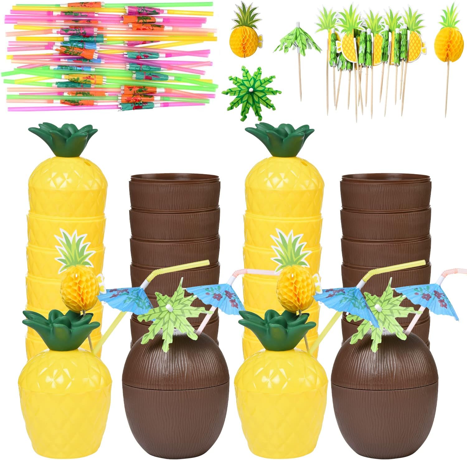 Haundry 18 Coconut Pineapple Cups with 18 Straws, 18 Cocktail Drink Picks, Hawaiian Luau Tiki and Beach Theme Party Decorations for Kids and Adults