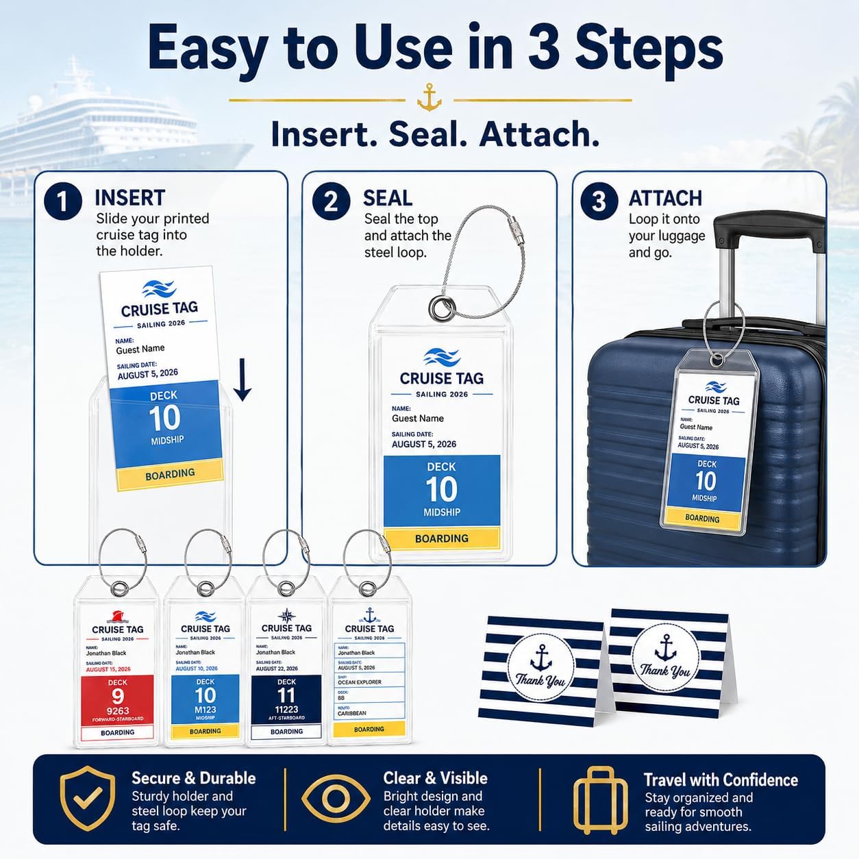 Cruise Luggage Tag Holders for Carnival, Princess & NCL Cruises 4 Packs, Fits All Carnival, Princess & NCL Cruises Line Ships & Tags for Cruises in 2024-2025