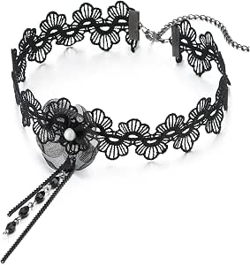 Gothic Victorian Black Lace Choker Necklace With Bow & Chain Bead Charm - Adjustable Lobster Claw Clasp