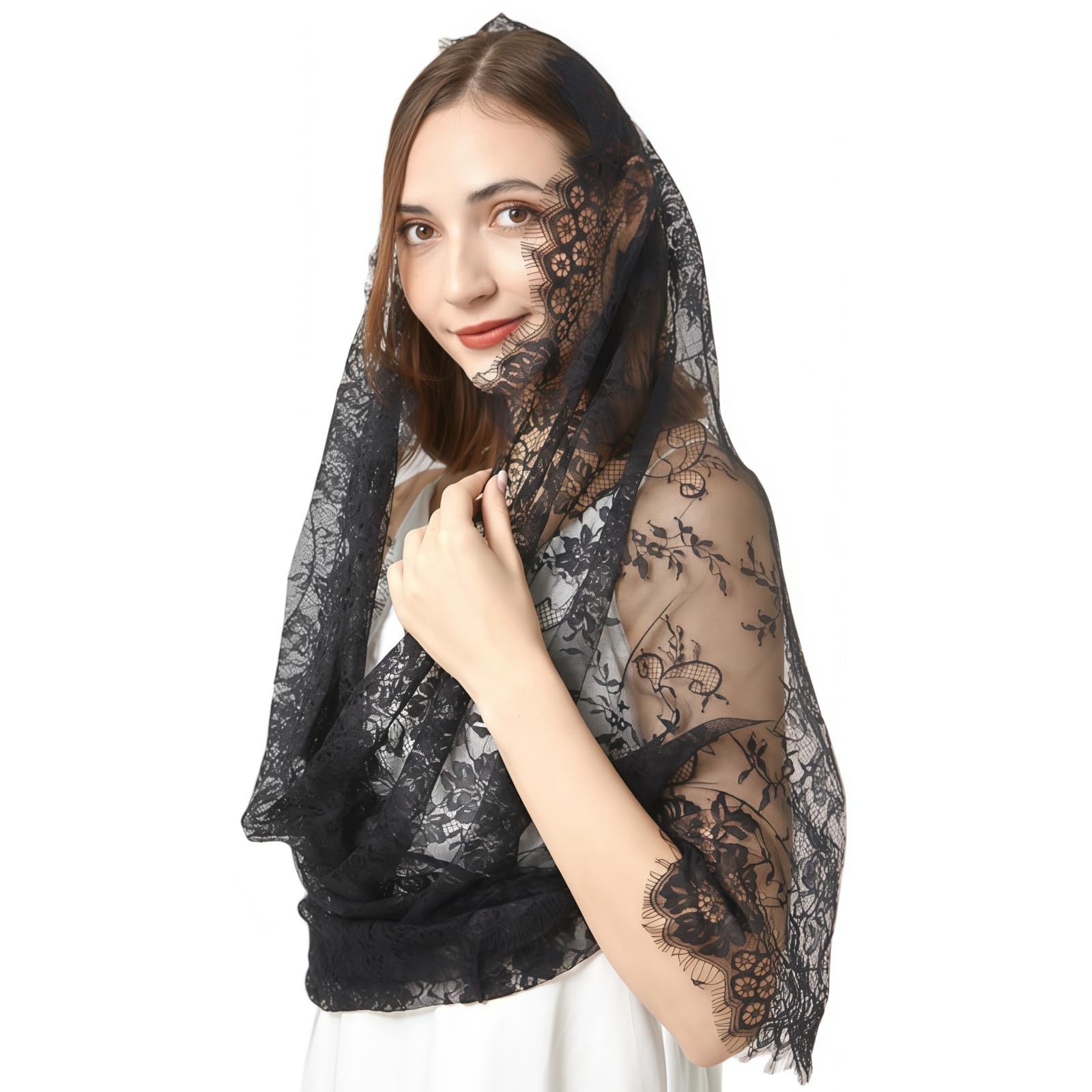TouKingda Black Catholic Veil Floral Lace Mantilla Veils Catholic Headscarf Shawl for Bridal Women Latin Mass Religious Ceremony Wedding Funeral