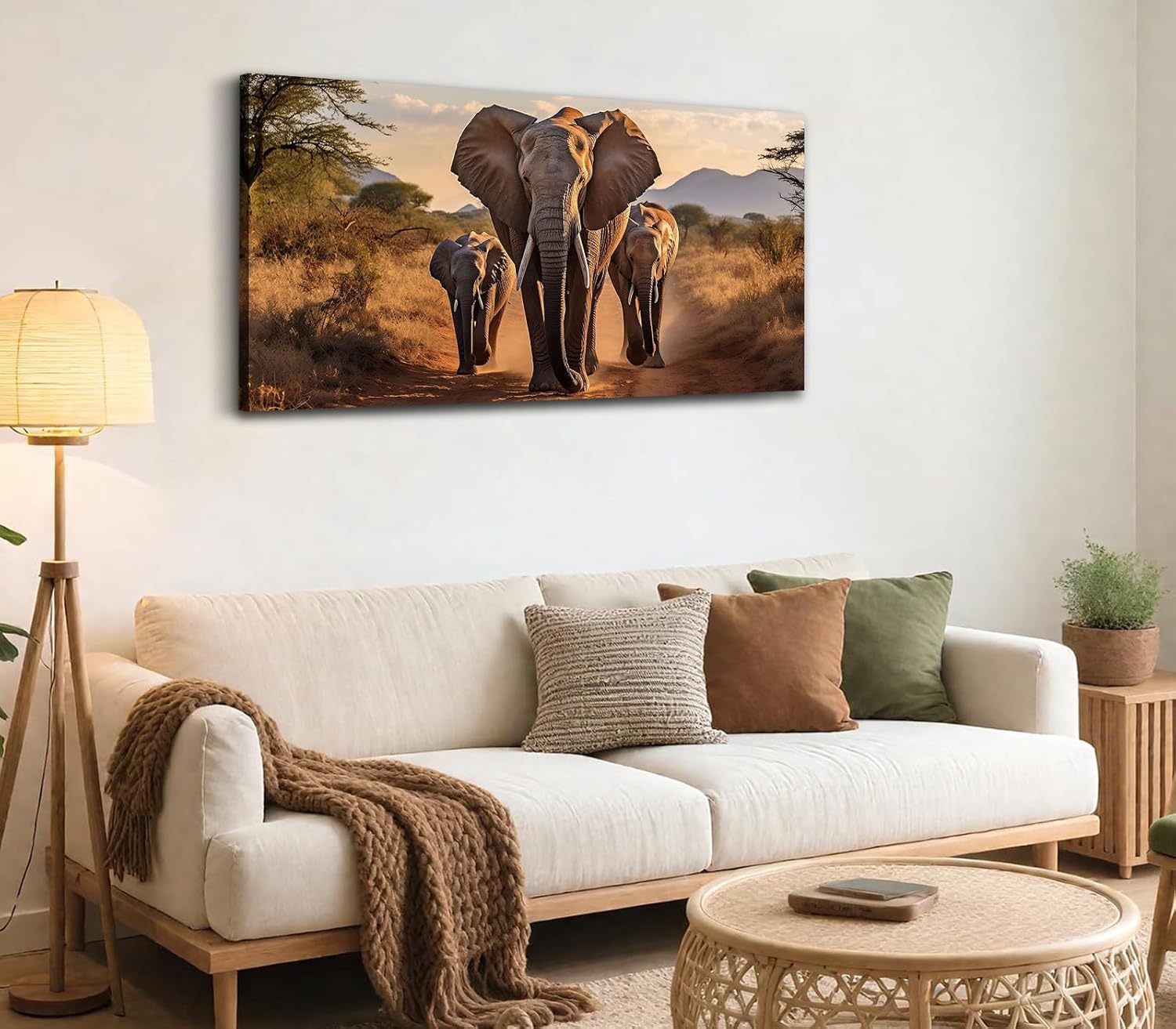 Savanna Wildlife Canvas Prints Wall Art Elephant Family 58"x28", African Safari Majestic Herd Artwork Earthy Tones Prints Nature Scene Pictures Framed Wall Decor for Living Room Office Home