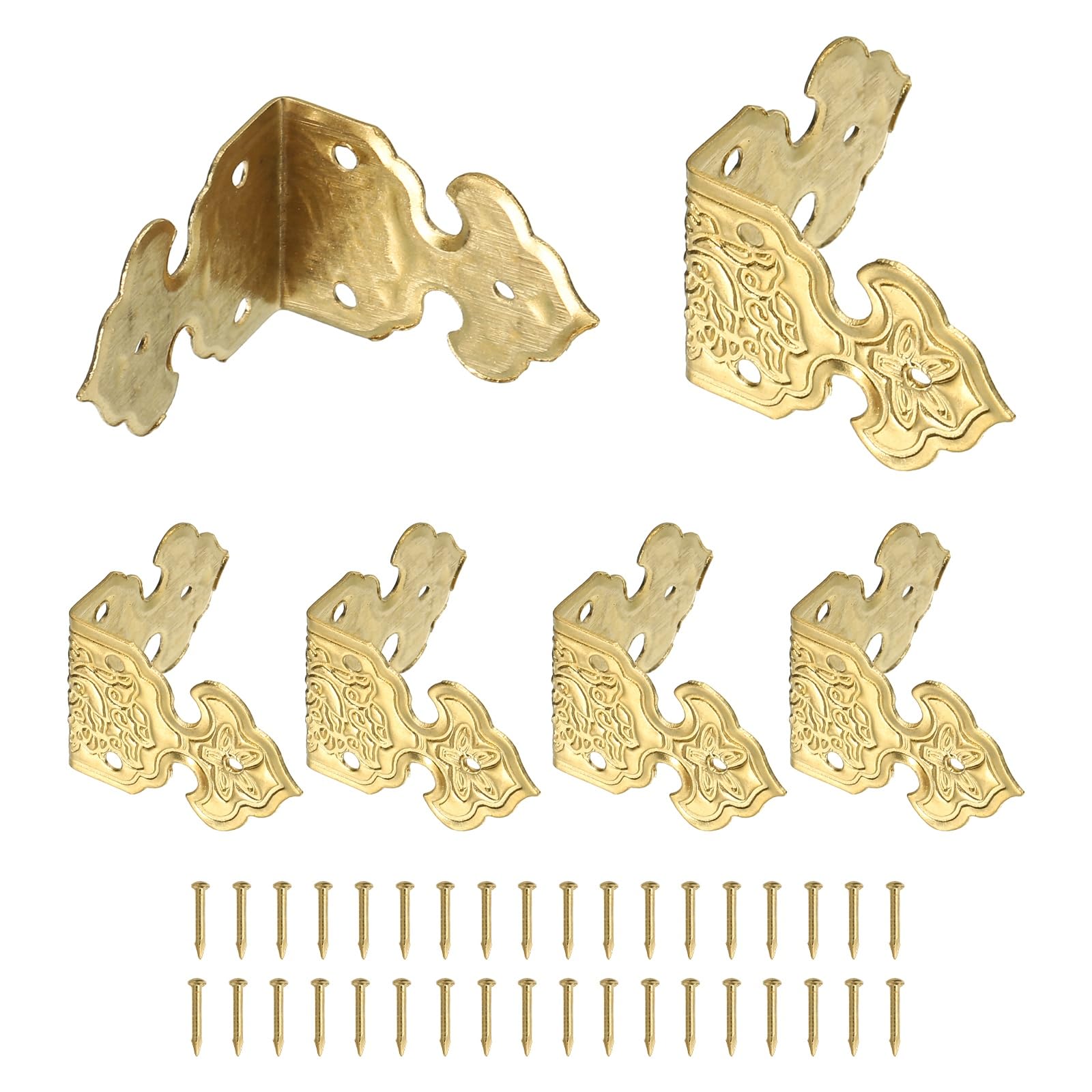 sourcing map 6 Pcs L Shaped Vintage Corner Protectors, 25 x 17 mm Decorative Guards, Protector Corner Braces with 36Pcs Nails for Cabinets Furniture Wooden Boxes, Brass