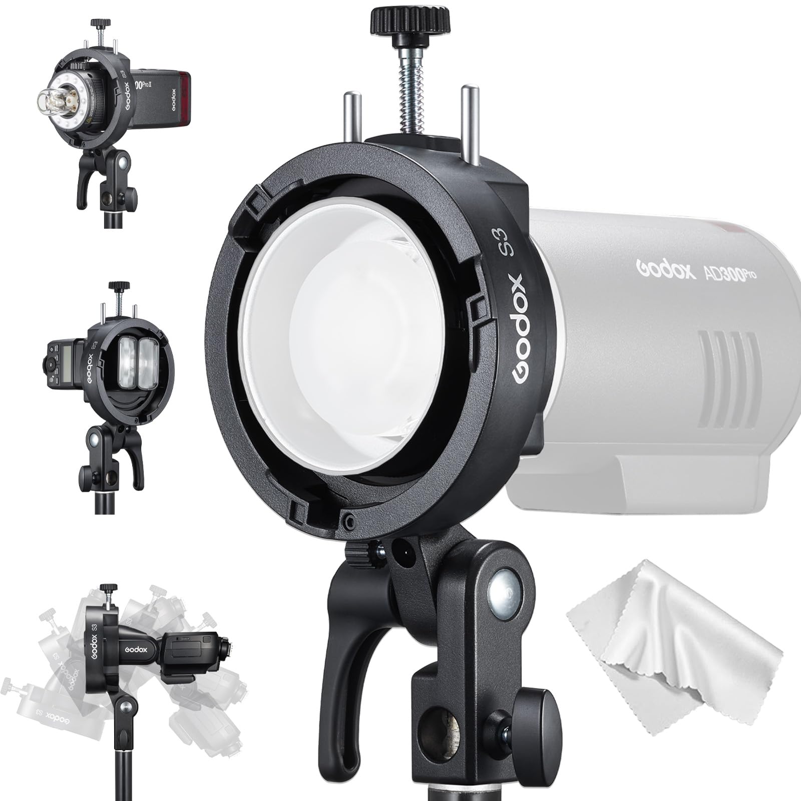 Godox S3 Speedlite Bracket Flash Holder for Round & Square Head Flashes, Adjustable Clamp, ±90° Tilt, Bowens Mount, Compatible with GODOX V1 V100 V480 V860III TT350 TT600 AD100Pro AD200Pro AD300Pro
