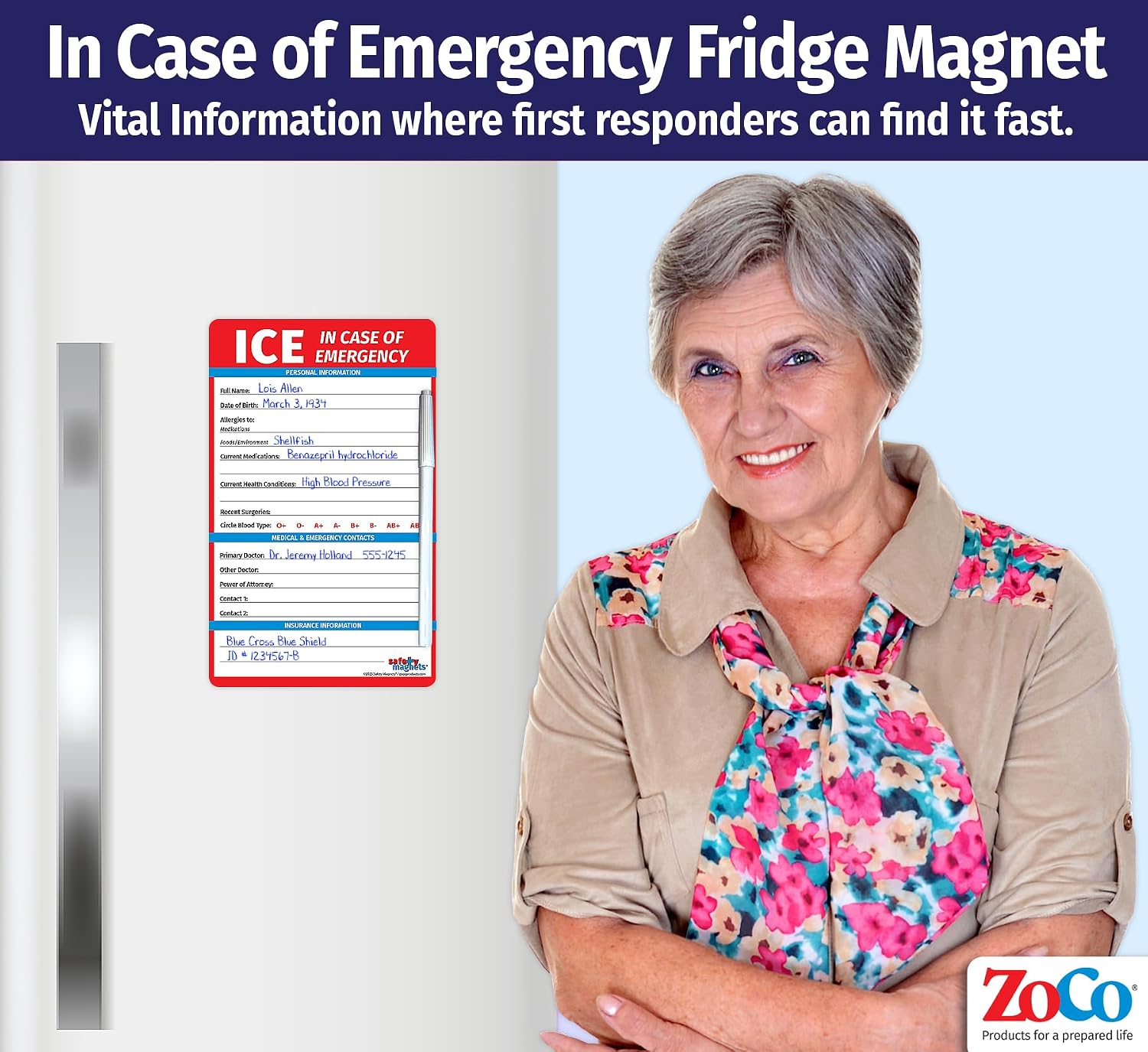 Safety Magnets by ZOCO – in Case of Emergency (ICE) Contact Magnet for Seniors – File of Life Medical Information Card for Fridge – 5.25"x8.5" Laminated Emergency Reference with Marker