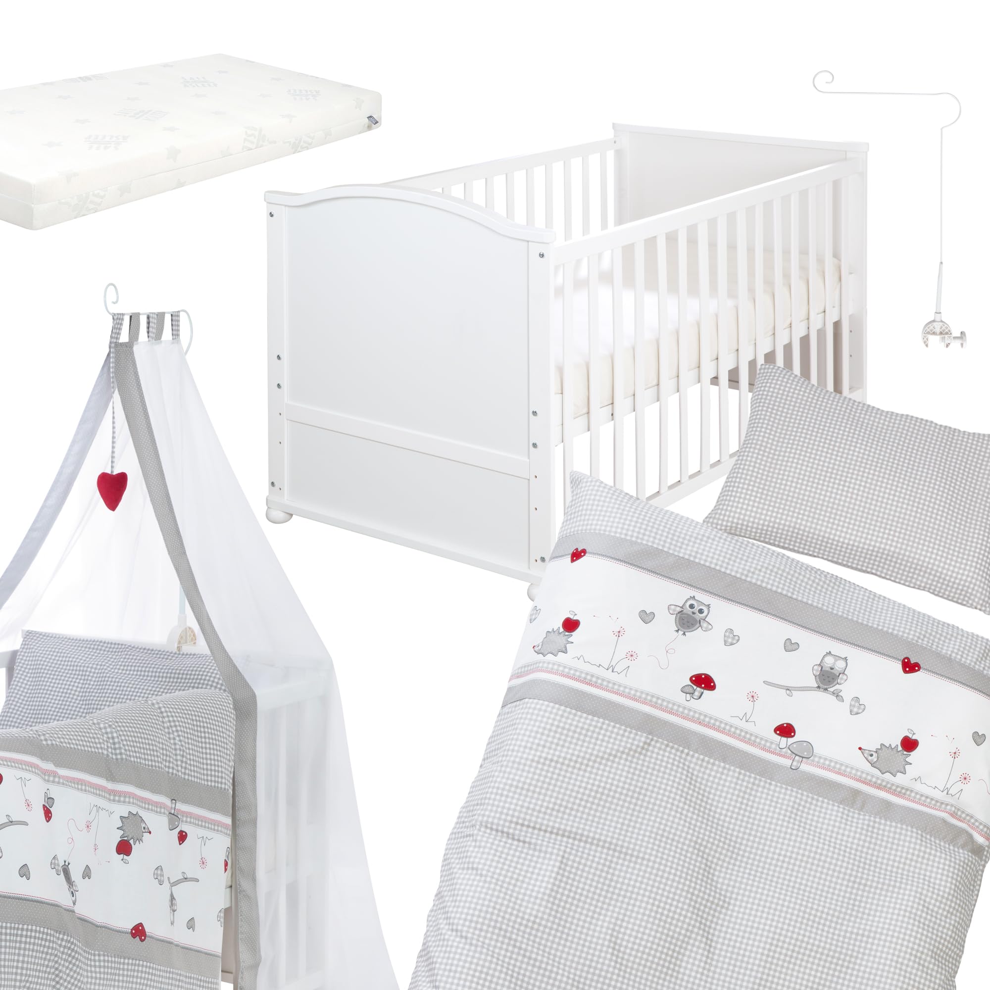 roba Babybett Set Adam & Eule 70x140 cm Mitwachsendes Kinderbett mit Bettwäsche Himmel Matratze Höhenverstellbar umbaubar Holz weiß