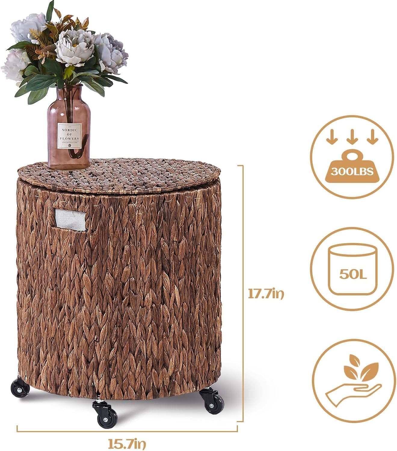 Woven Seagrass Laundry Hamper with Lid and Rolling Wheels, Brown Round Storage Basket, 110L Capacity