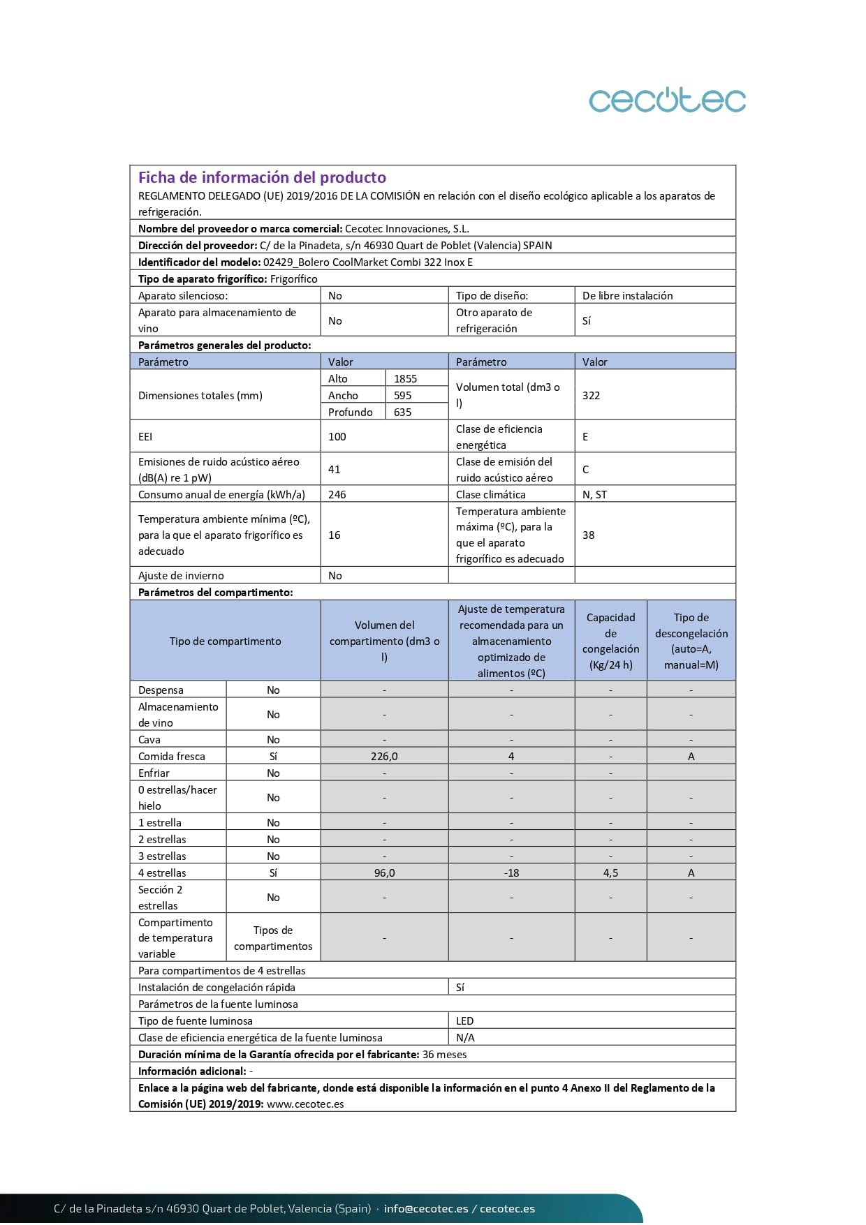 Cecotec Kühlgefrierkombination 2 Türen Bolero CoolMarket Combi 322 Edelstahl E, 322 L, Höhe 185 cm und 60 cm Breite, Energiesparend, Multi-Air-Flow-System, Total No Frost und 2 Schubladen