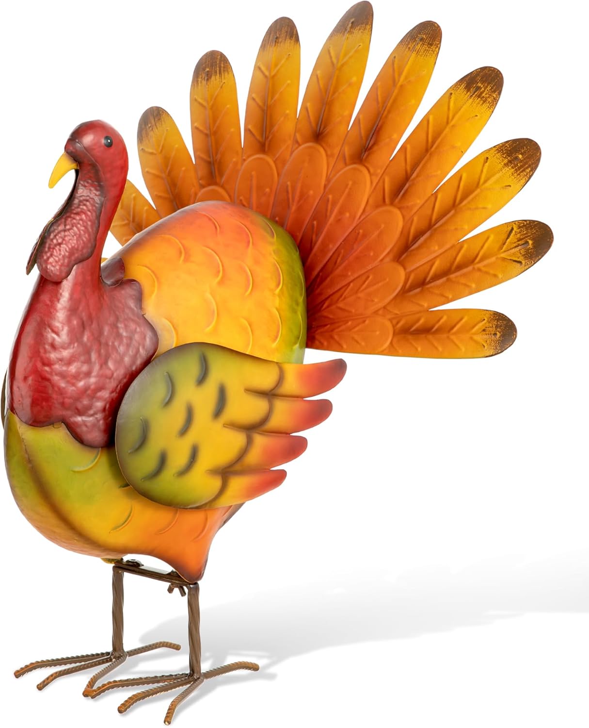Side view of the Glitzhome Metal Turkey Porch Decor, showcasing its hand-painted details and overall form.