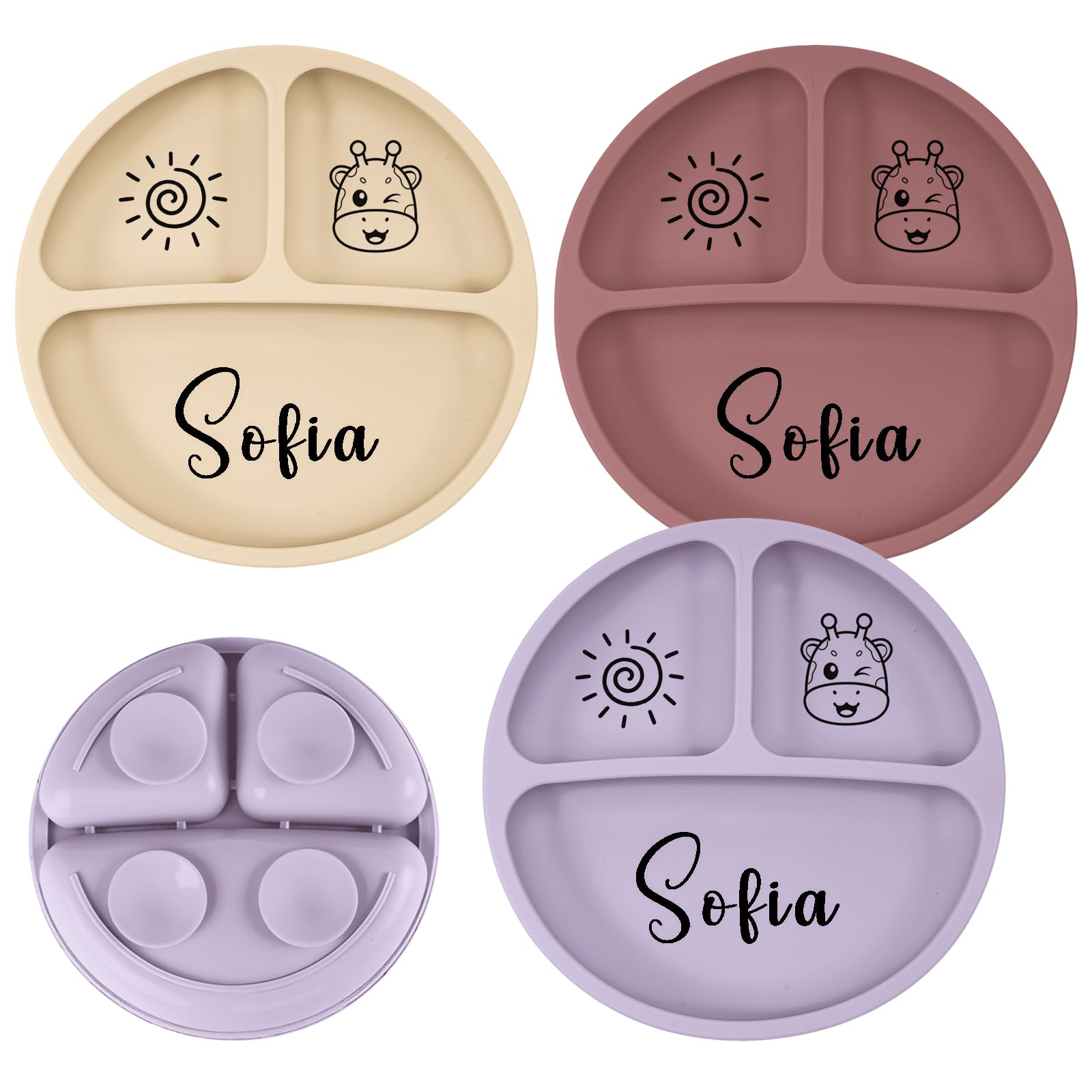 Personalized Silicone Toddler Plates 3 Pack with Suction, Divided Baby Plates for Self Feeding, Custom Name Toddler Plate Set, Baby Led Weaning Supplies , Baby Gifts (Plate, Pink Beige Purple)