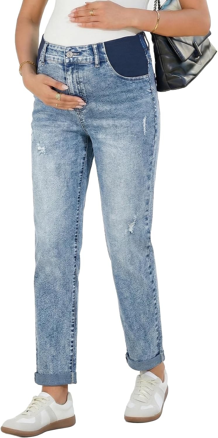 BLENCOT Women Maternity Jeans Elastic Waist Skinny Cuffed Ripped Pregnancy Cropped Pants