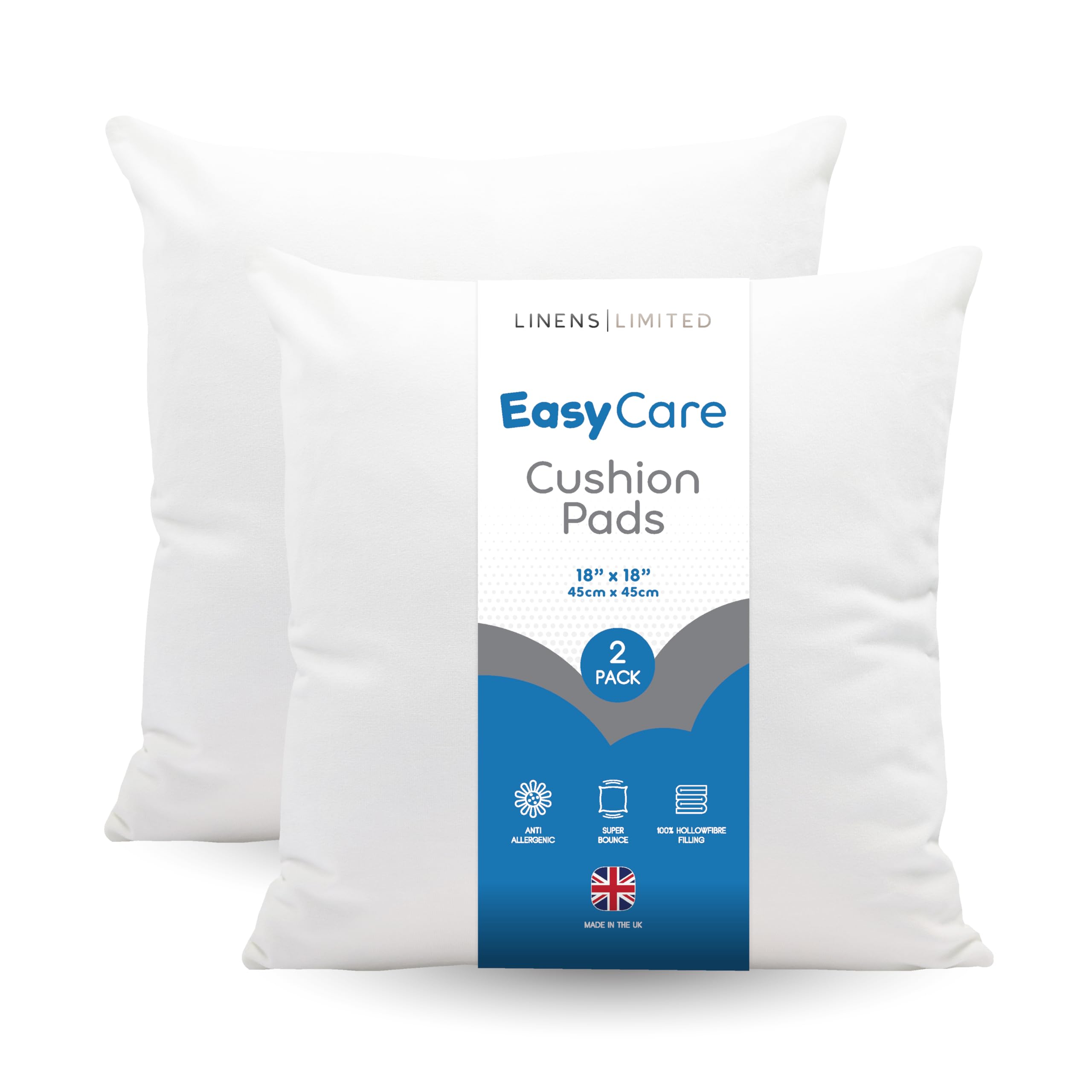 Linens Limited White - Cushion Insert 45Cm X 45Cm, Made In The Uk, Soft And Plump, Non-Allergenic Sofa Cushion Pad, Easy To Clean, Small Square Cushion Inner, Perfectly Fits Covers (White) (2 Pack)