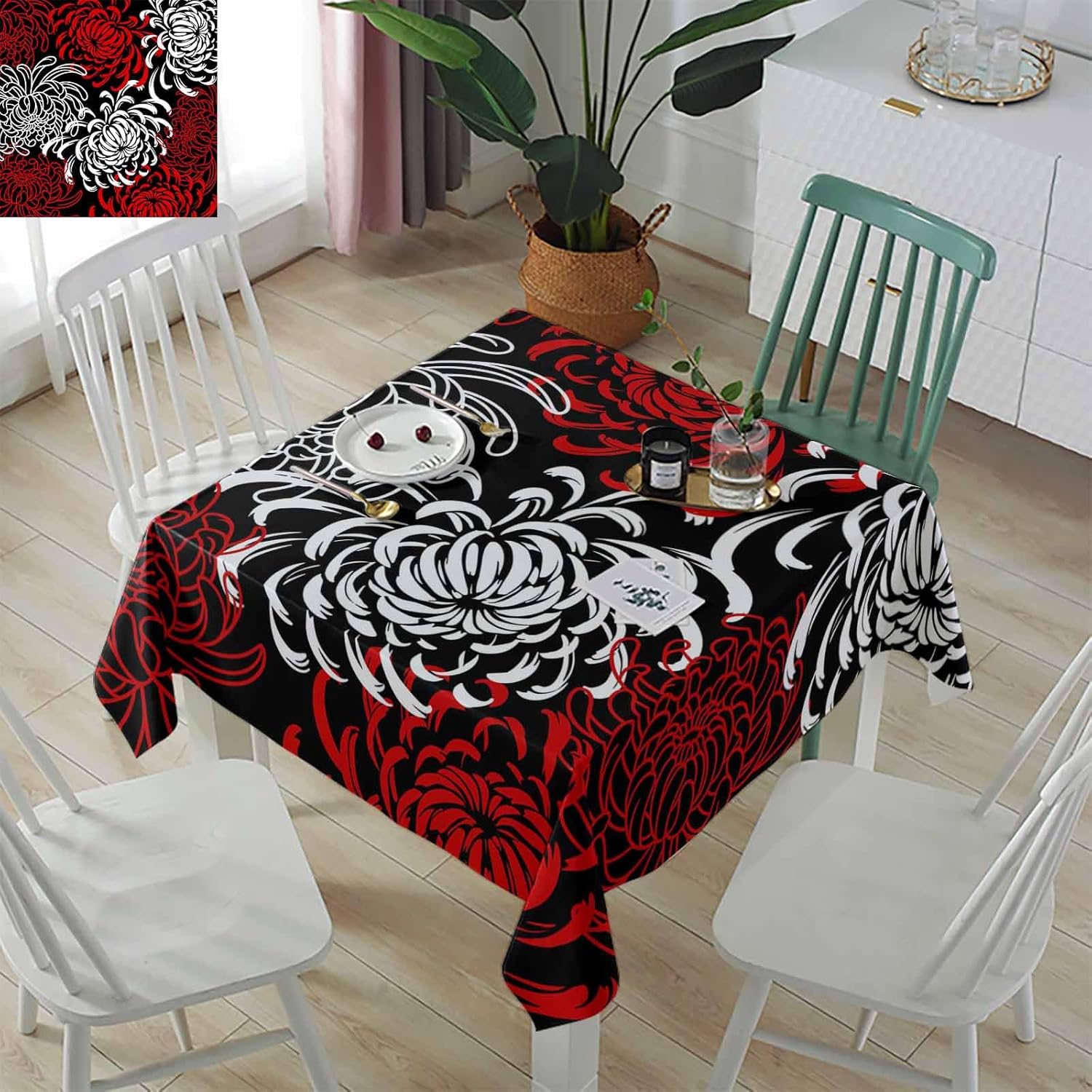 Floral Burlap Table Cloths Rectangle 53x53inch Table Covers for Dining Room, Buffet Parties and Camping, Kitchen Tabletop Decoration Chrysanthemum Flower Red Black White