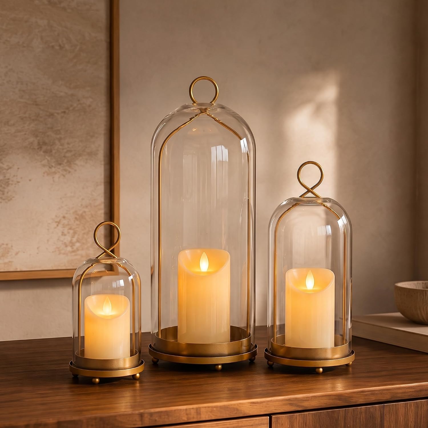 15", 9" & 7" Hurricane Candle Holders Set of 3, Gold & Glass