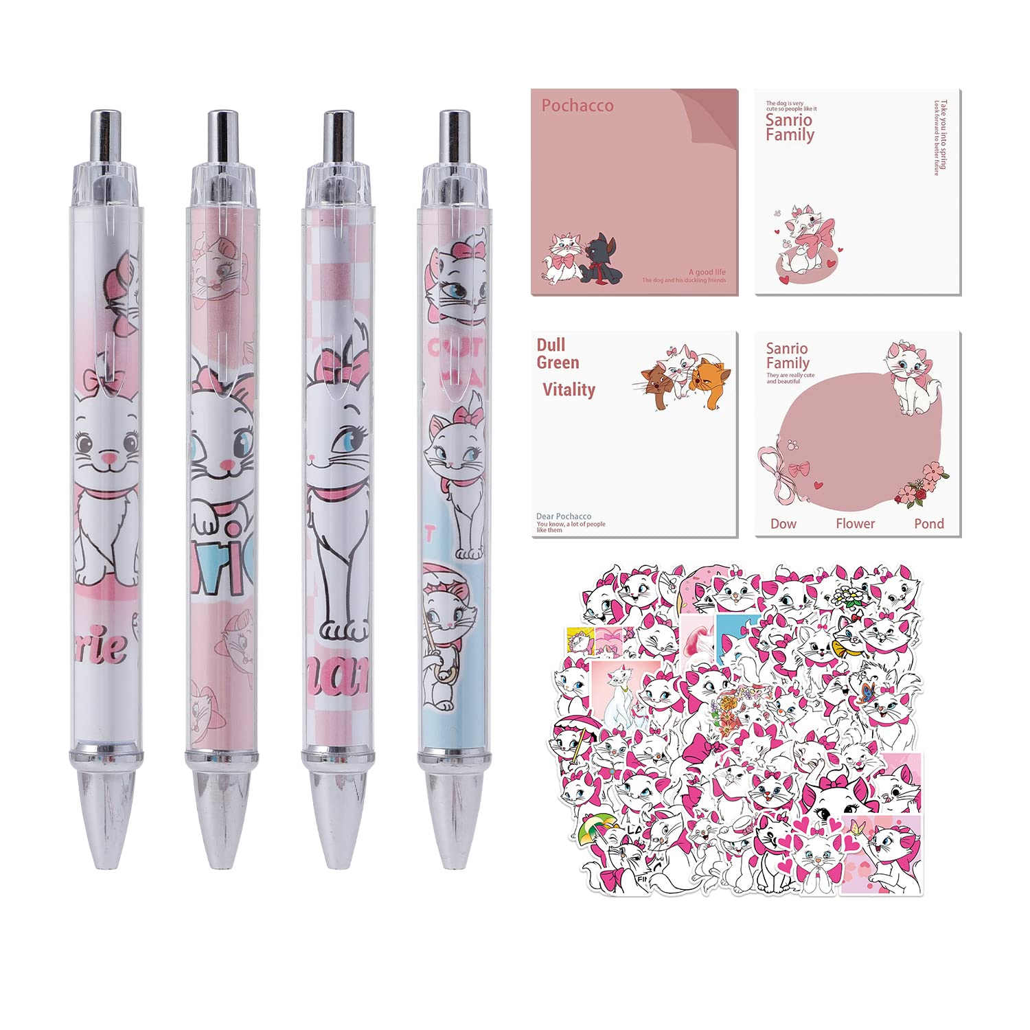 G-Ahora Cute Mari Cat Cartoon School Supplies with 0.5mm Black Ink Gel Pens Note Pad 50pcs Stickers Mari Cat Gifts Set for kids School Office (PSN-Mari)