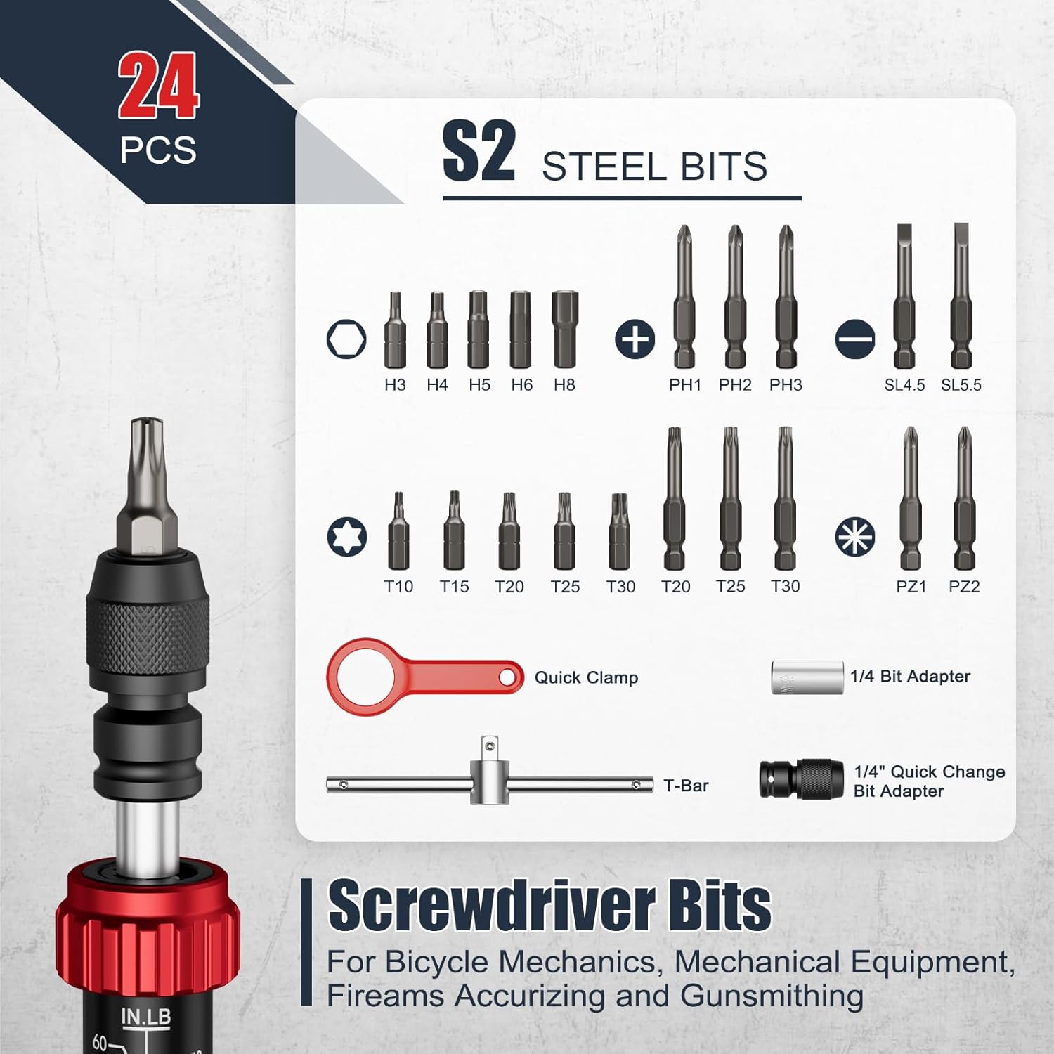 VANPO Torque Screwdriver, 10-60 in.lb, 24 Piece Inch Pound Torque Screwdriver Set with S2 Bits & T-bar Handle, 1/4” Drive Torque Wrench Screwdriver Set for Electronics,Bike Repair and Mounting