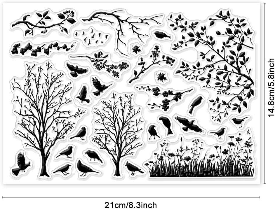 GLOBLELAND Bird Branch Silhouette Clear Stamps Birds Trees Clear Rubber Stamps Silicone Stamps for DIY Scrapbooking Photo Album Decorative Cards Making Home Decoration 8.3×5.8inch