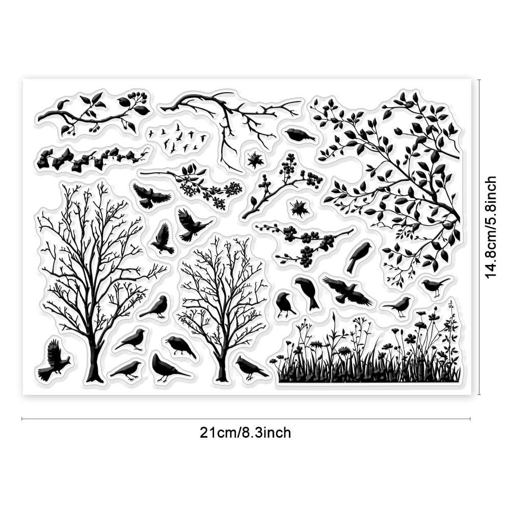 GLOBLELAND Timbri Trasparenti con Silhouette Rami Uccelli Alberi Gomma Silicone per Scrapbooking 6.3x4.33 Pollice