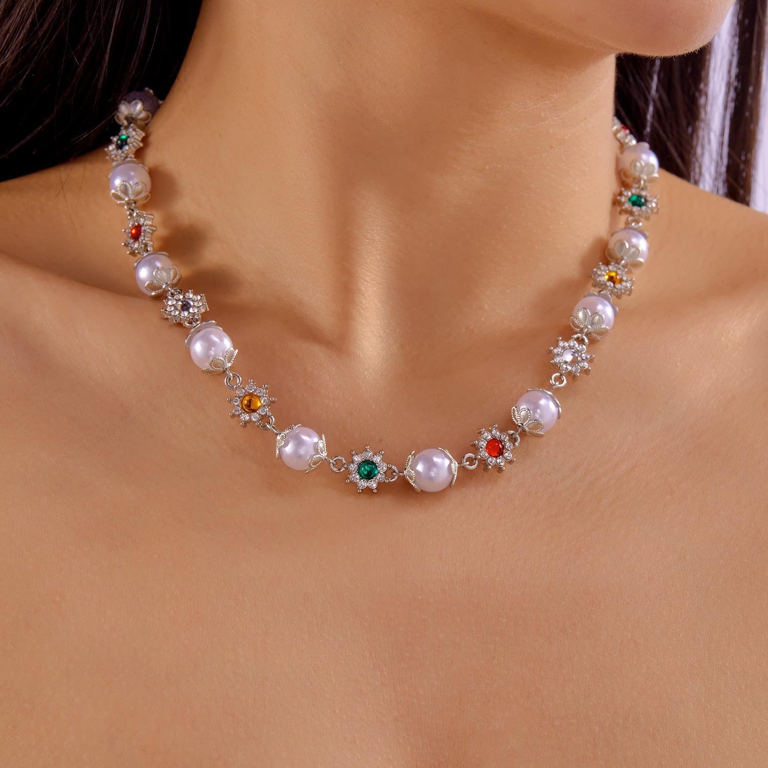 Colorful Daisy Choker Necklace for Women Rhinestone Flower Pearl Choker Gold Daisy Pearl Necklace Colorful Beaded Necklace Statement Jewelry - Image 5