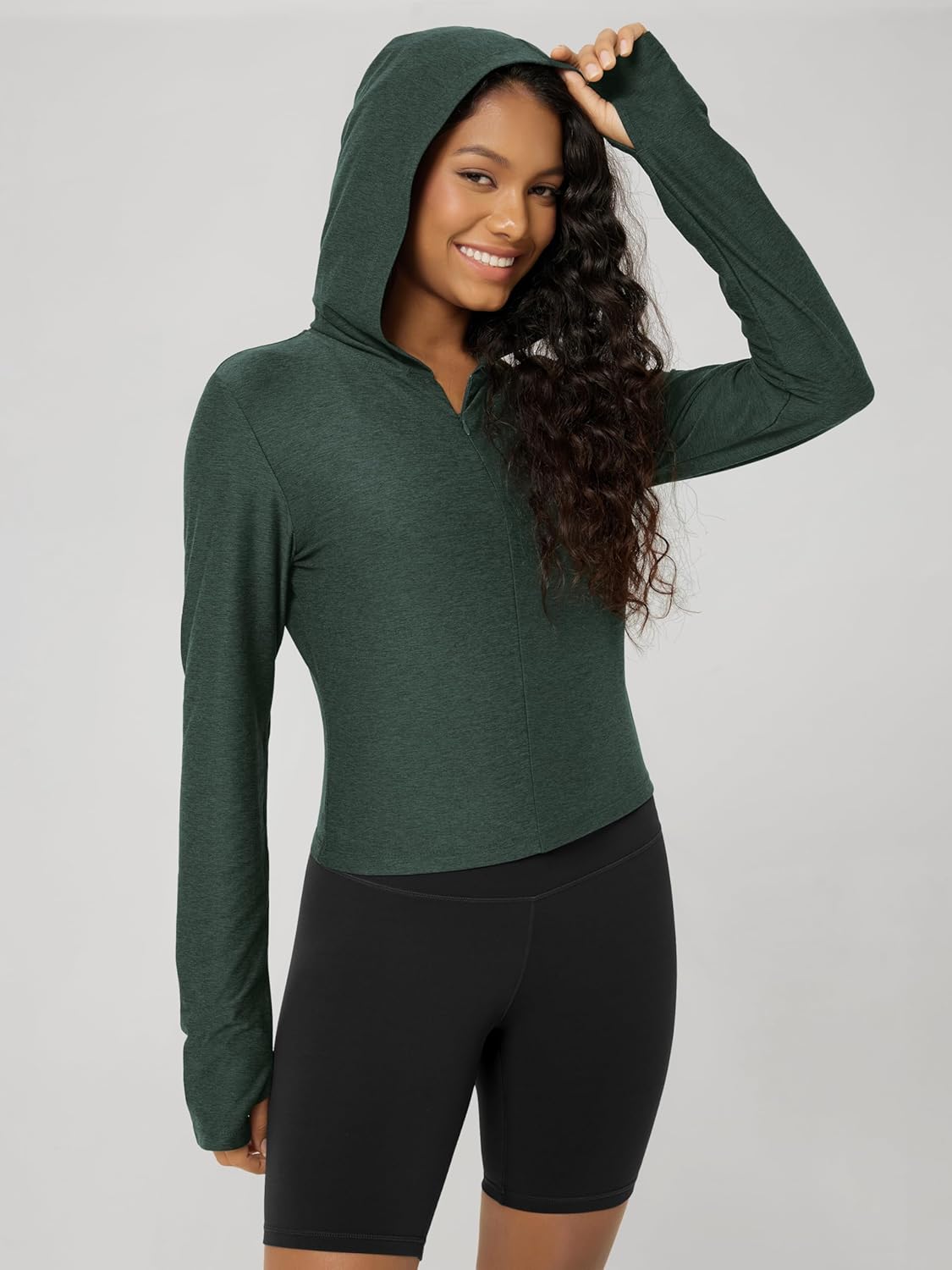 ODODOS Women's Slim Half-Zip Hoodie - Ultra Soft odSTRATUM Tech Pullover UPF 50+ Long Sleeve Crop Top with Thumb Hole - Image 2