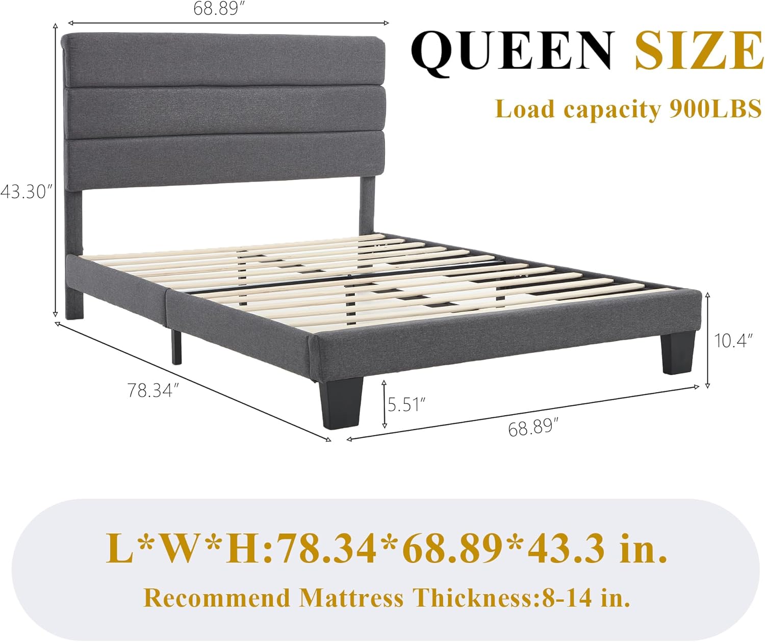 Queen Size Platform Bed Frame ，Soft Fabric Headboard Bed Frame with Sturdy Wooden Slats – Modern & Noise Free，Fully Upholstered Mattress Foundation/Easy Assembly (Gray, Queen (U.S. Standard)) - Image 2