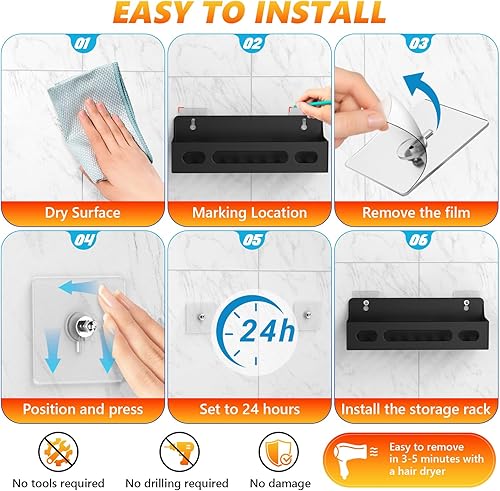 Miniatura 6 de Organizador de ducha adhesivo, sin taladro, organizador de ducha de baño, con ganchos extraíbles, estantes de ducha a prueba de óxido, organización