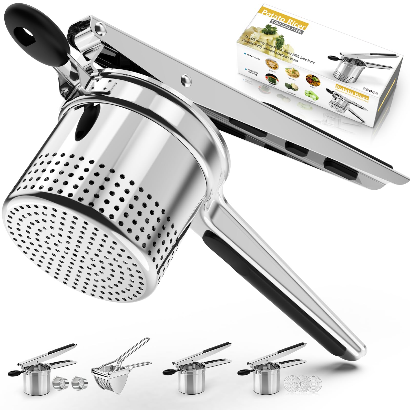 SPEENSUN Potato Ricer, Large 15 oz Potato Masher Make Fluffy Mashed Potatoes With Extra Hole, Heavy Duty Potato Ricer Stainless Steel, Comfort Non-slip Silicone Handle Ricer For Mashed Potatoes