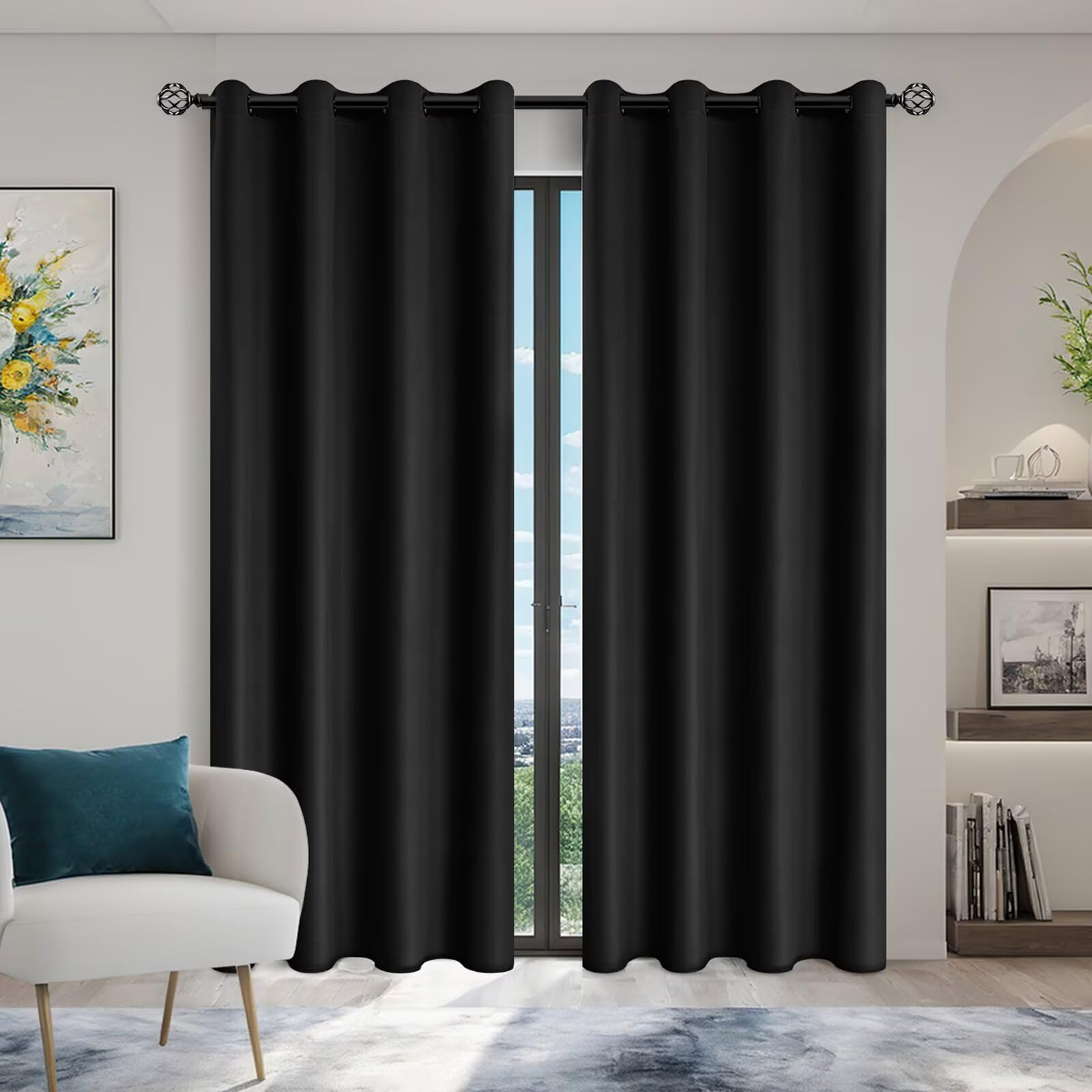 SSWH Tende Oscuranti per Interni, Tenda Termica da Interno con Occhielli, Tende Camera da Letto Moderna a Tinta Unita con Fodera Nero (Nero, 200 x 120 cm)