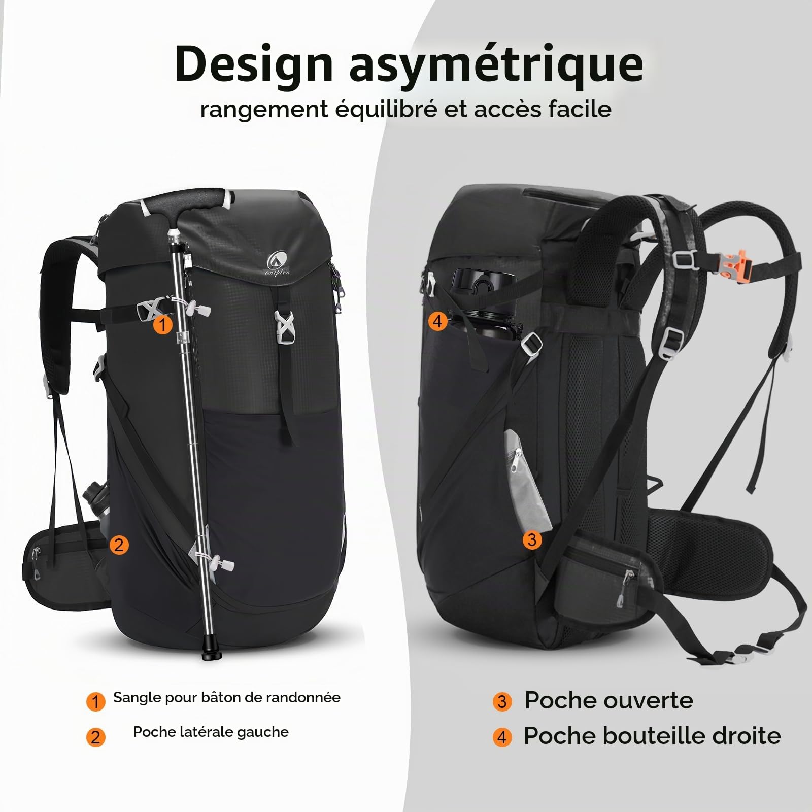 Grand Sac a Dos Randonnée 50L, Etanche Sac a Dos de Voyage avec Ouverture Frontale, Léger Sac à Dos de Trekking pour Camping, Sac à Dos Sport pour Loisir Alpinisme, Noir