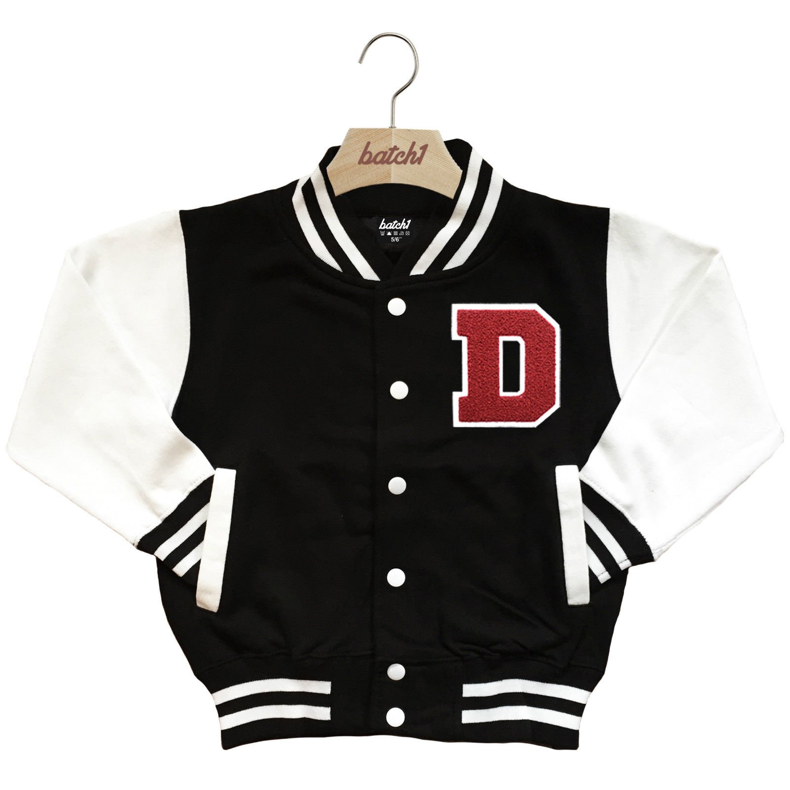 Batch1 Kids Varsity Baseball Jacket Personalised with Genuine Us College Letter D