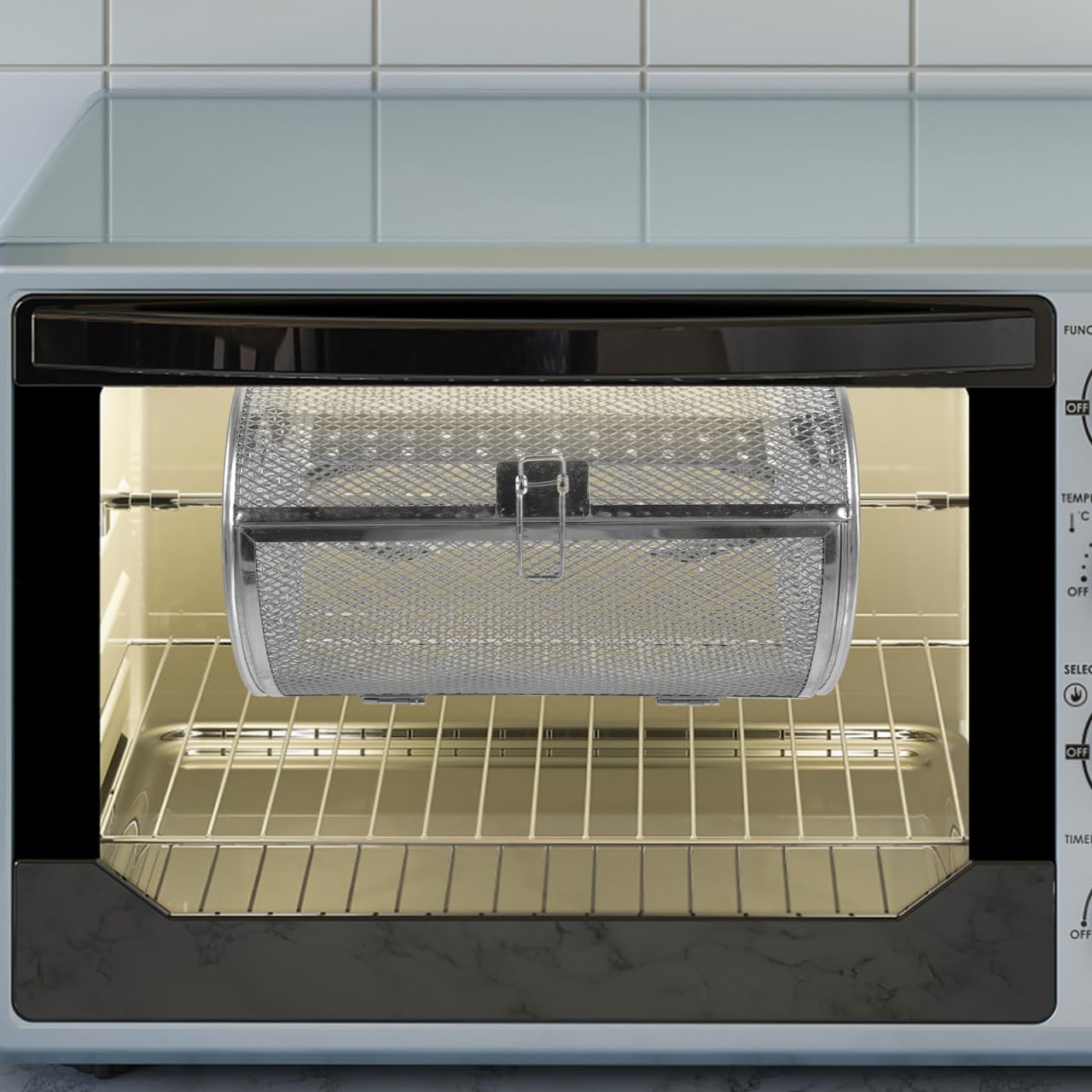 BESTOYARD Edelstahl Grillkorb Drehbar FüR Backofen Und HeißLuftfritteuse Ofenkorb Mit 360° Drehspieß FüR GemüSe NüSse Und Fleisch Robust Und Vielseitig FüR Grillgerichte Und Braten