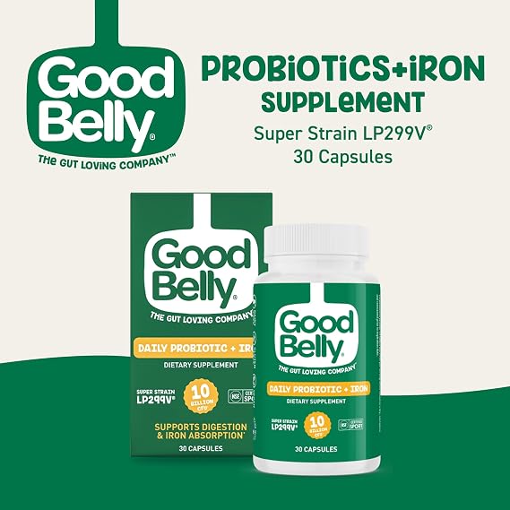 GoodBelly Probiotic Capsules for Digestive Health & Iron Absorption | Vegan Probiotic Supplement with 10 Billion Live Cultures | Probiotics for Women & Men | 30 Capsules