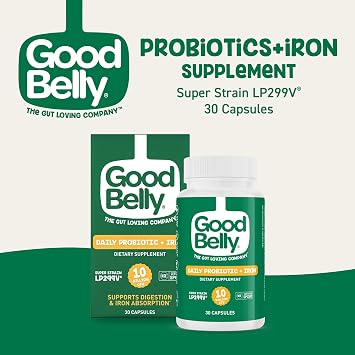 GoodBelly Probiotic Capsules for Digestive Health & Iron Absorption | Vegan Probiotic Supplement with 10 Billion Live Cultures | Probiotics for Women & Men | 30 Capsules